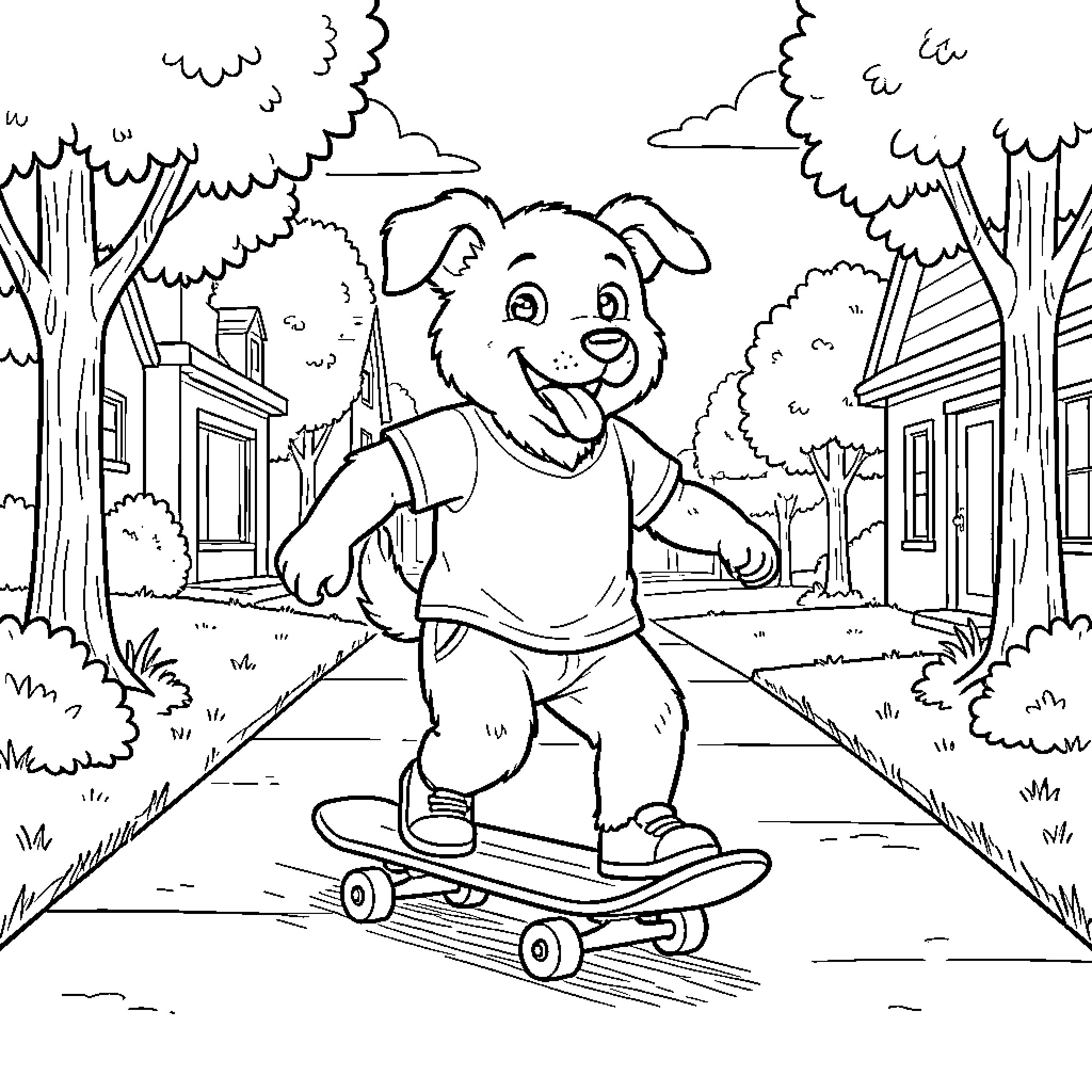 Dog riding a skateboard down the street Coloring Page (free black-and-white line drawing printable PDF for all, from beginners to advanced learners, including children, teens, adults, and seniors)
