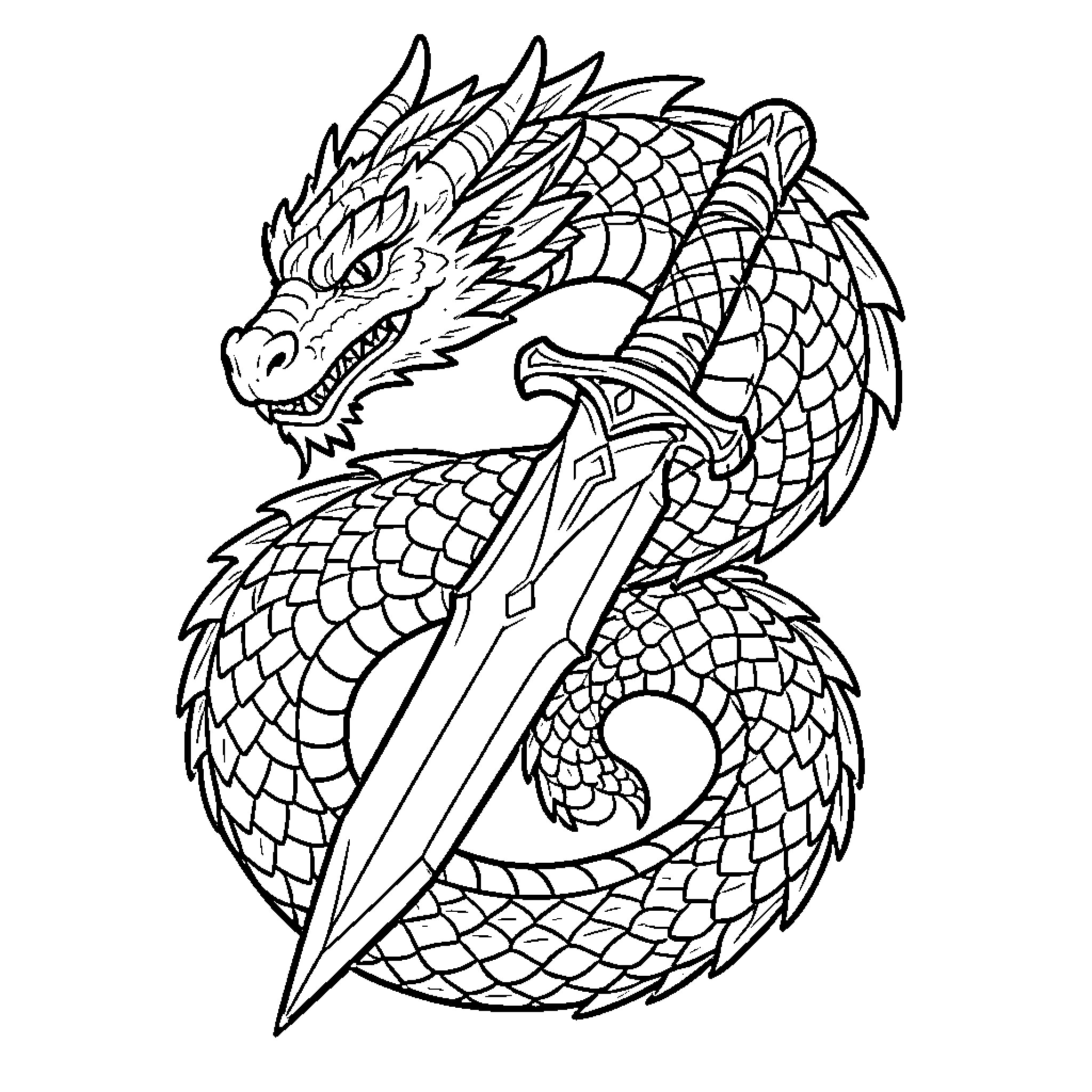 Dragon wielding a sword in a fierce pose Coloring Page (free black-and-white line drawing printable PDF for all, from beginners to advanced learners, including children, teens, adults, and seniors)