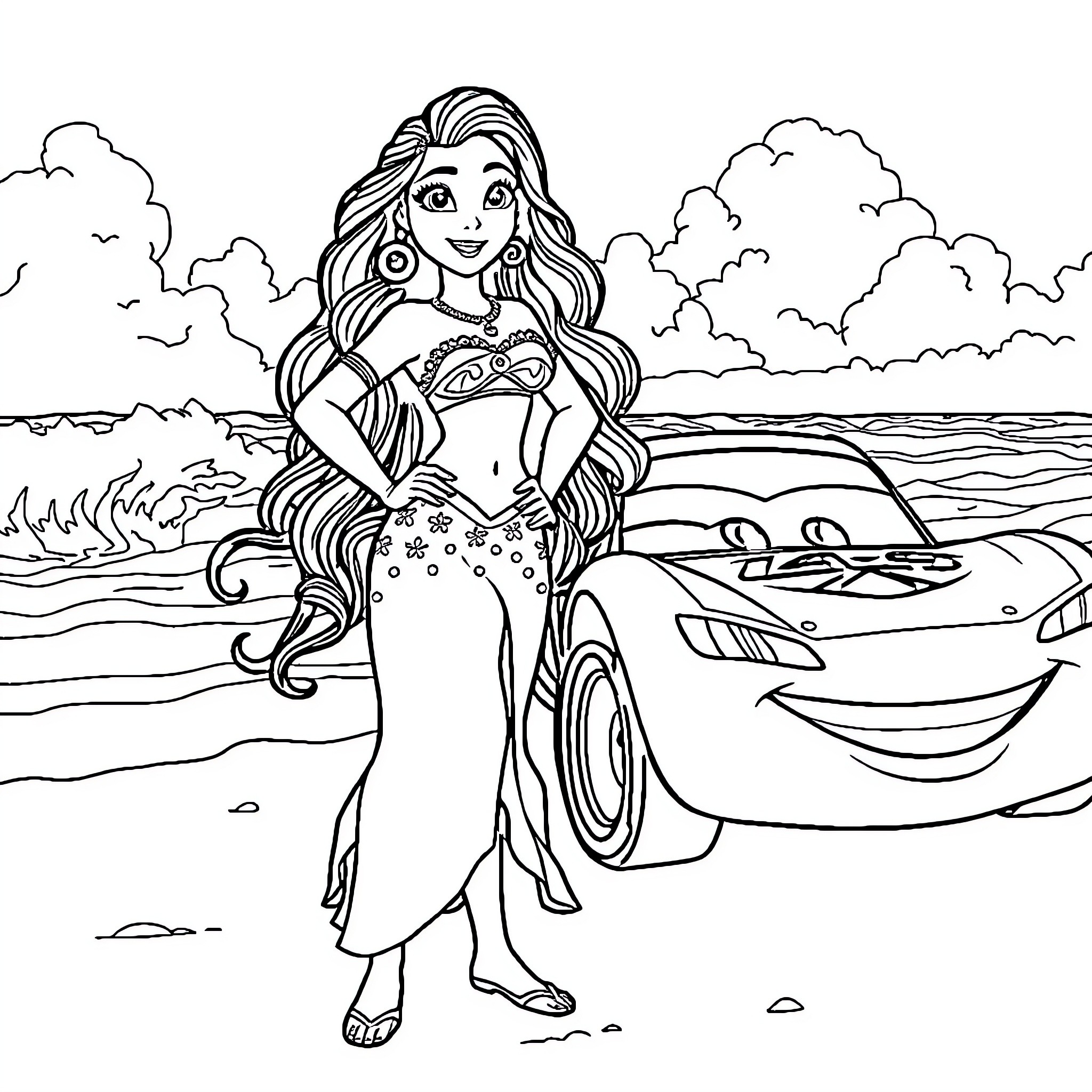 Vaiana exploring the ocean with her friend Coloring Page (free black-and-white line drawing printable PDF for all, from beginners to advanced learners, including children, teens, adults, and seniors)