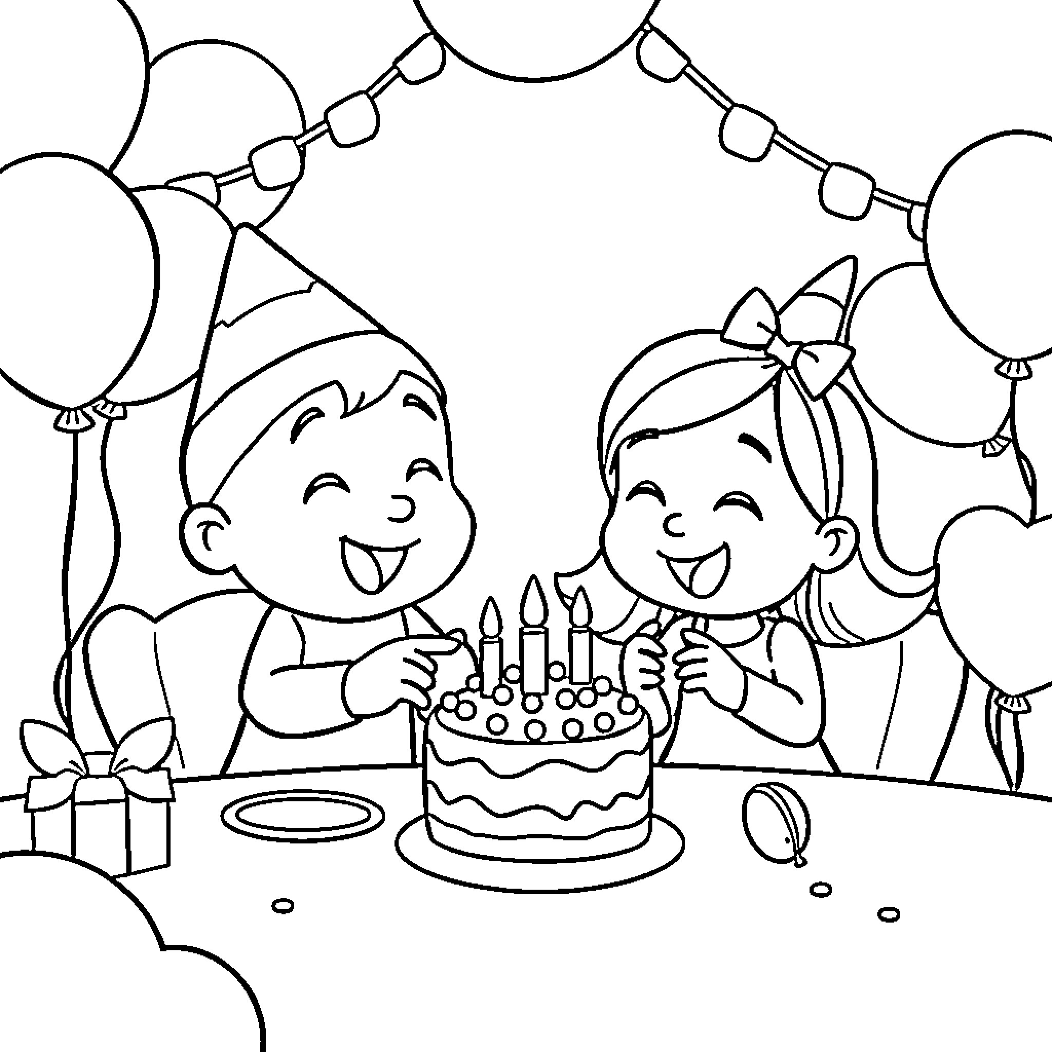 Pocoyo's Birthday Celebration with Friends Coloring Page (free black-and-white line drawing printable PDF for all, from beginners to advanced learners, including children, teens, adults, and seniors)