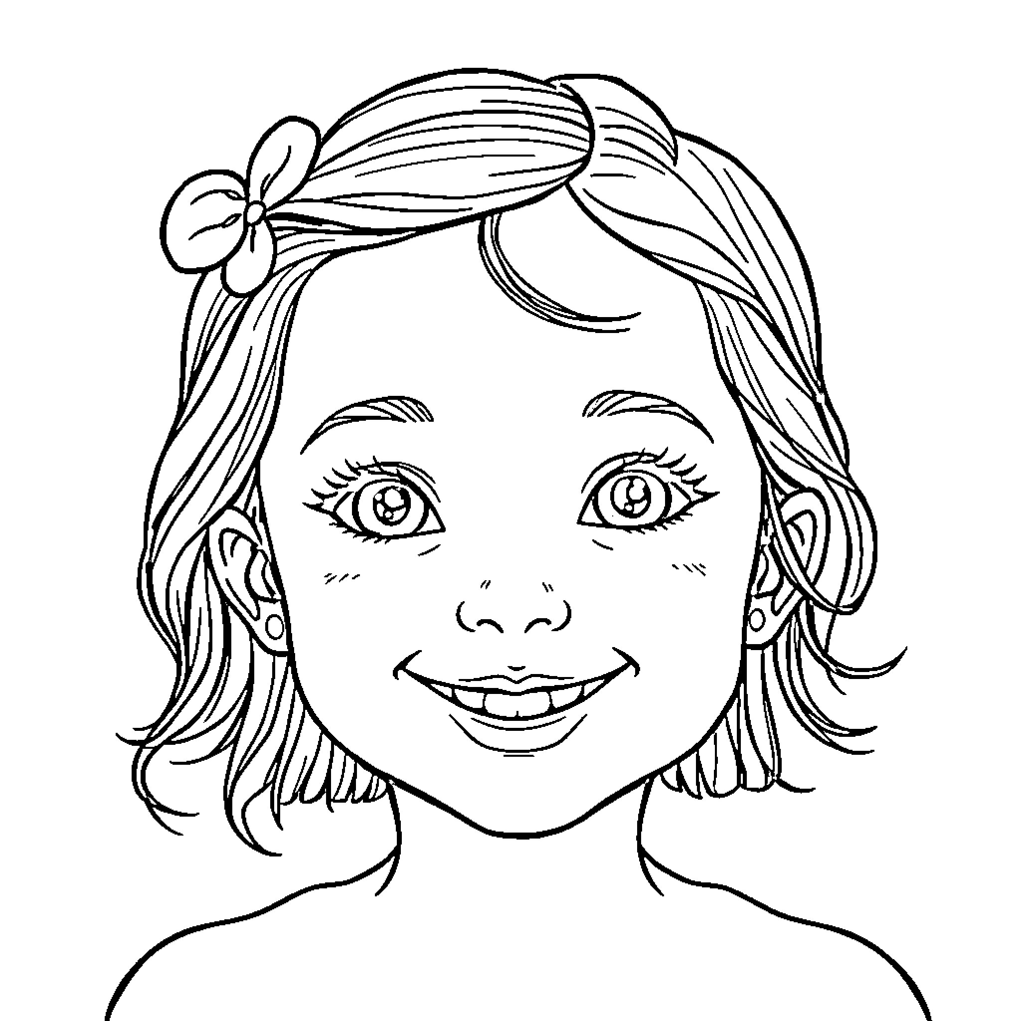 Girl with Floral Headband and Joyful Expression Coloring Page (free black-and-white line drawing printable PDF for all, from beginners to advanced learners, including children, teens, adults, and seniors)