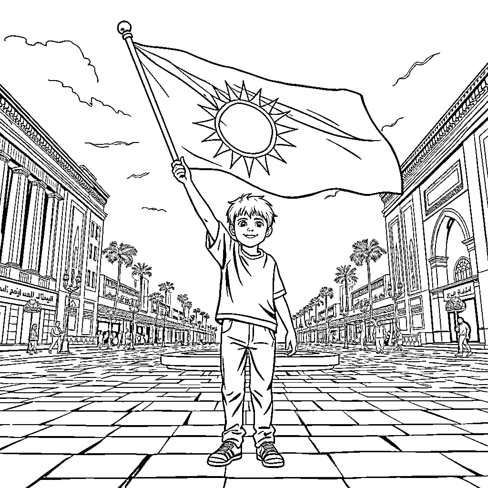 Boy proudly waving national flag in city street Coloring Page (free black-and-white line drawing printable PDF for all, from beginners to advanced learners, including children, teens, adults, and seniors)