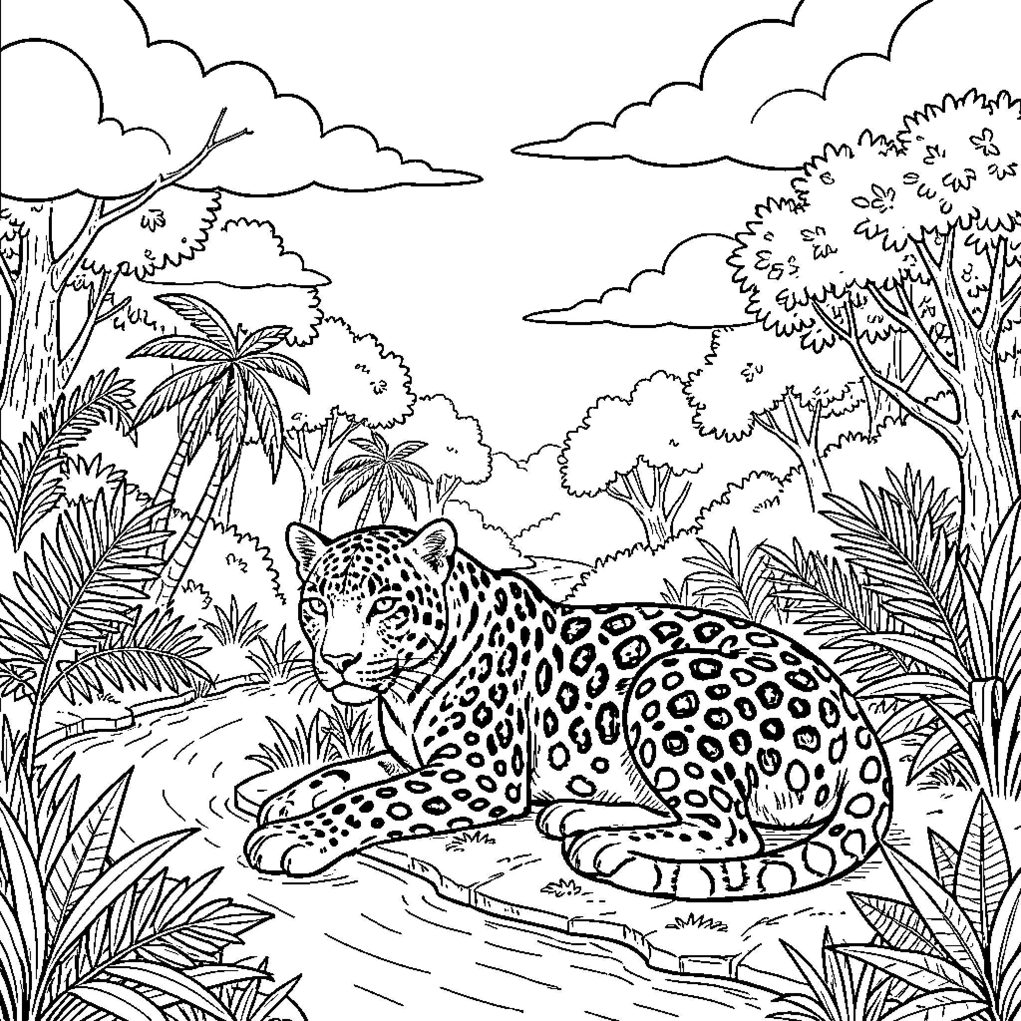 Jaguar resting peacefully by a jungle stream Coloring Page (free black-and-white line drawing printable PDF for all, from beginners to advanced learners, including children, teens, adults, and seniors)