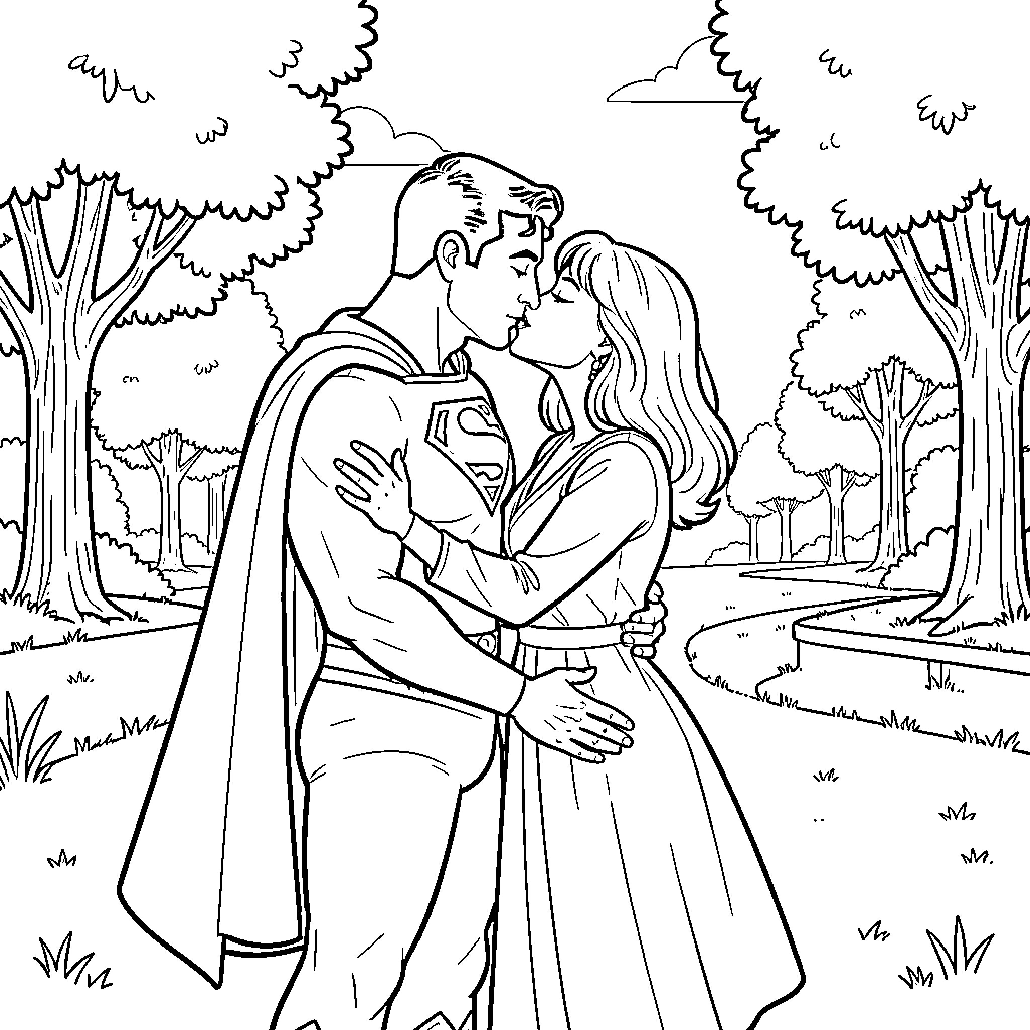 Superman sharing a romantic kiss with a woman Coloring Page (free black-and-white line drawing printable PDF for all, from beginners to advanced learners, including children, teens, adults, and seniors)
