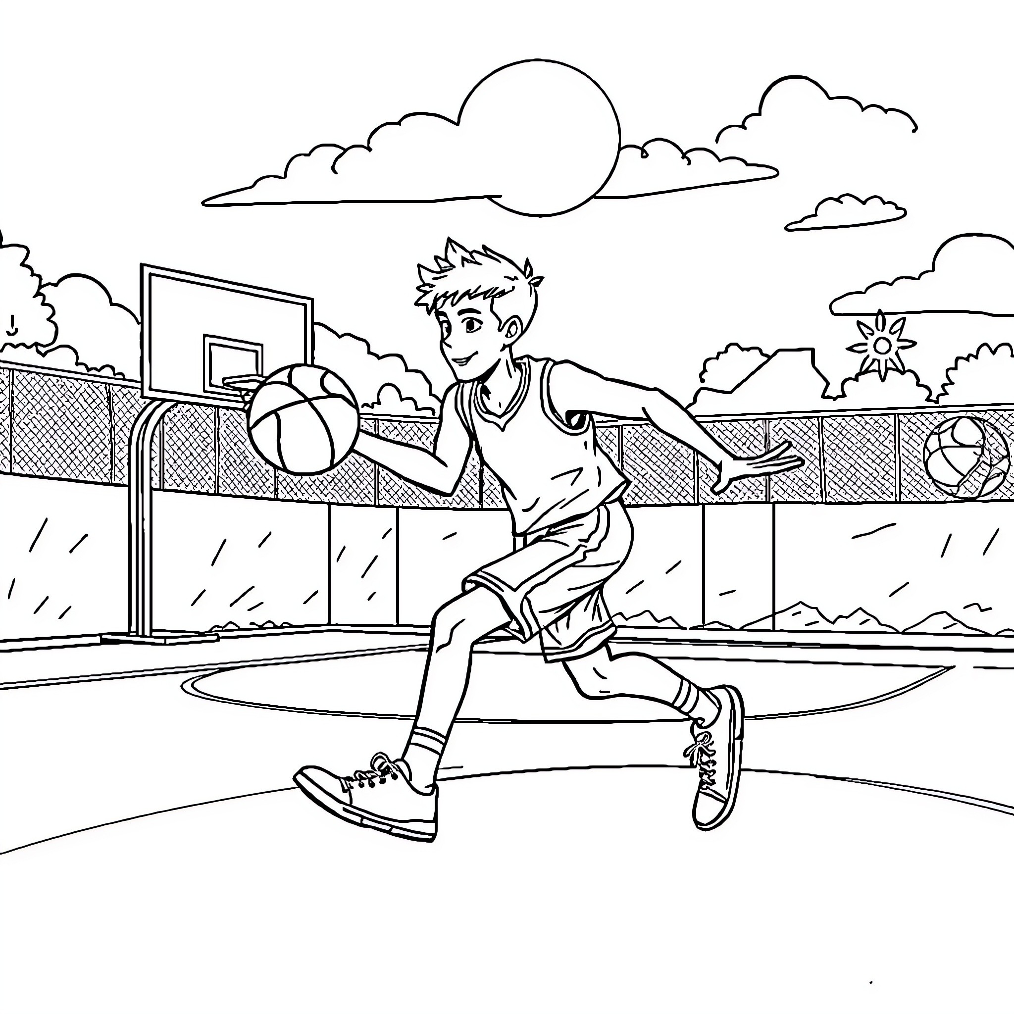 Prince Playing Basketball on Outdoor Court Coloring Page (free black-and-white line drawing printable PDF for all, from beginners to advanced learners, including children, teens, adults, and seniors)