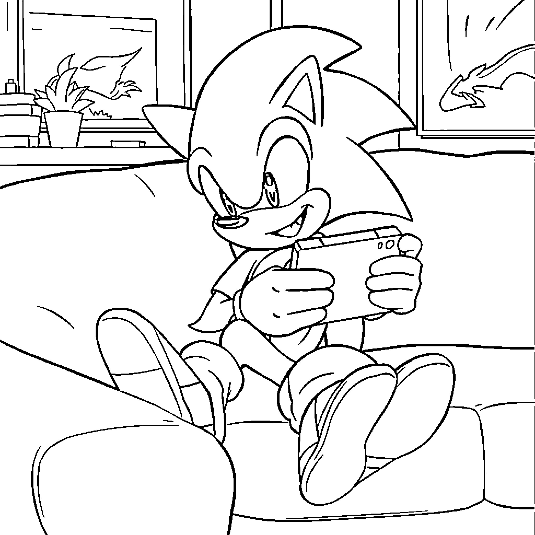 Sonic relaxing in his living room Coloring Page (free black-and-white line drawing printable PDF for all, from beginners to advanced learners, including children, teens, adults, and seniors)