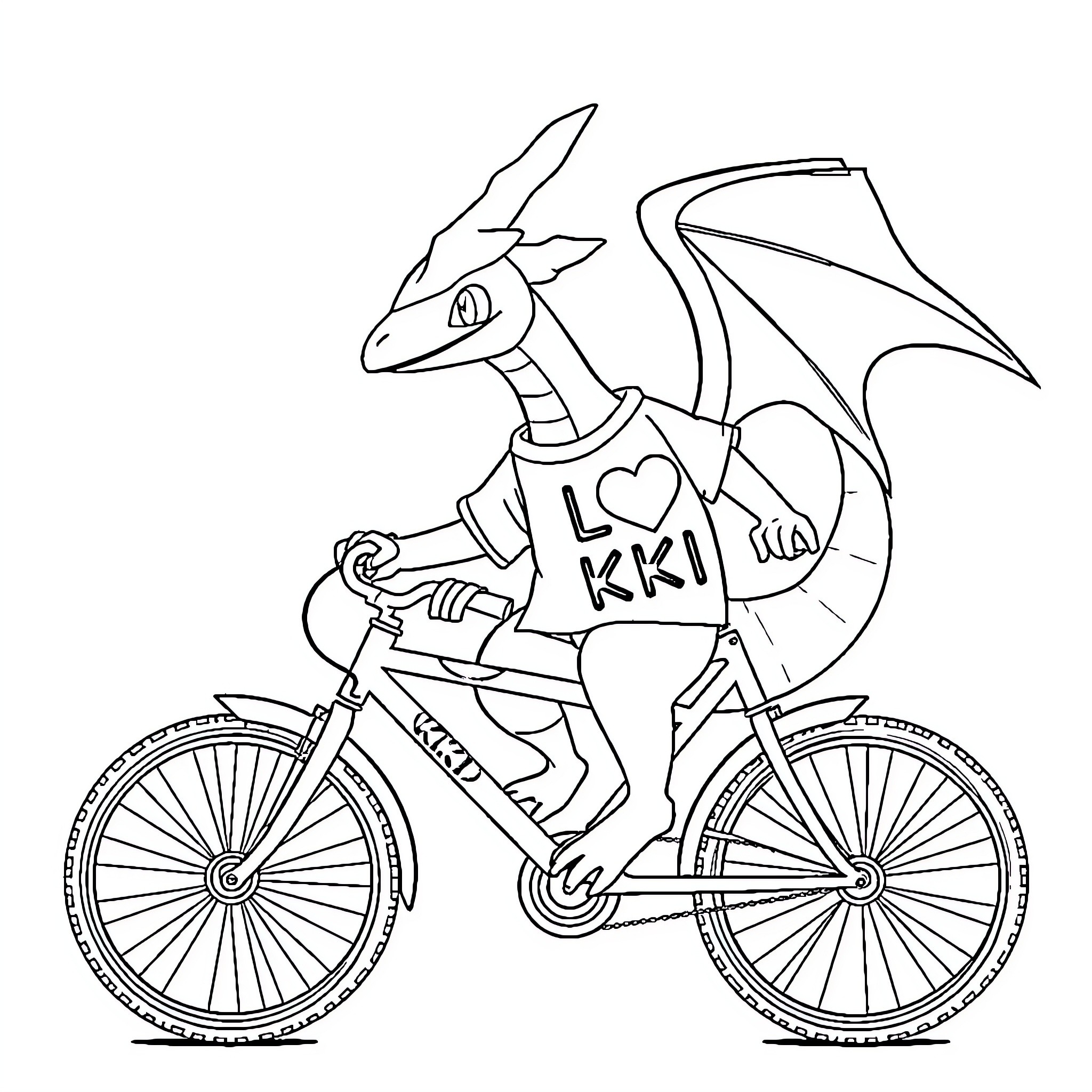 Rayquaza riding a bicycle with KKI logo Coloring Page (free black-and-white line drawing printable PDF for all, from beginners to advanced learners, including children, teens, adults, and seniors)