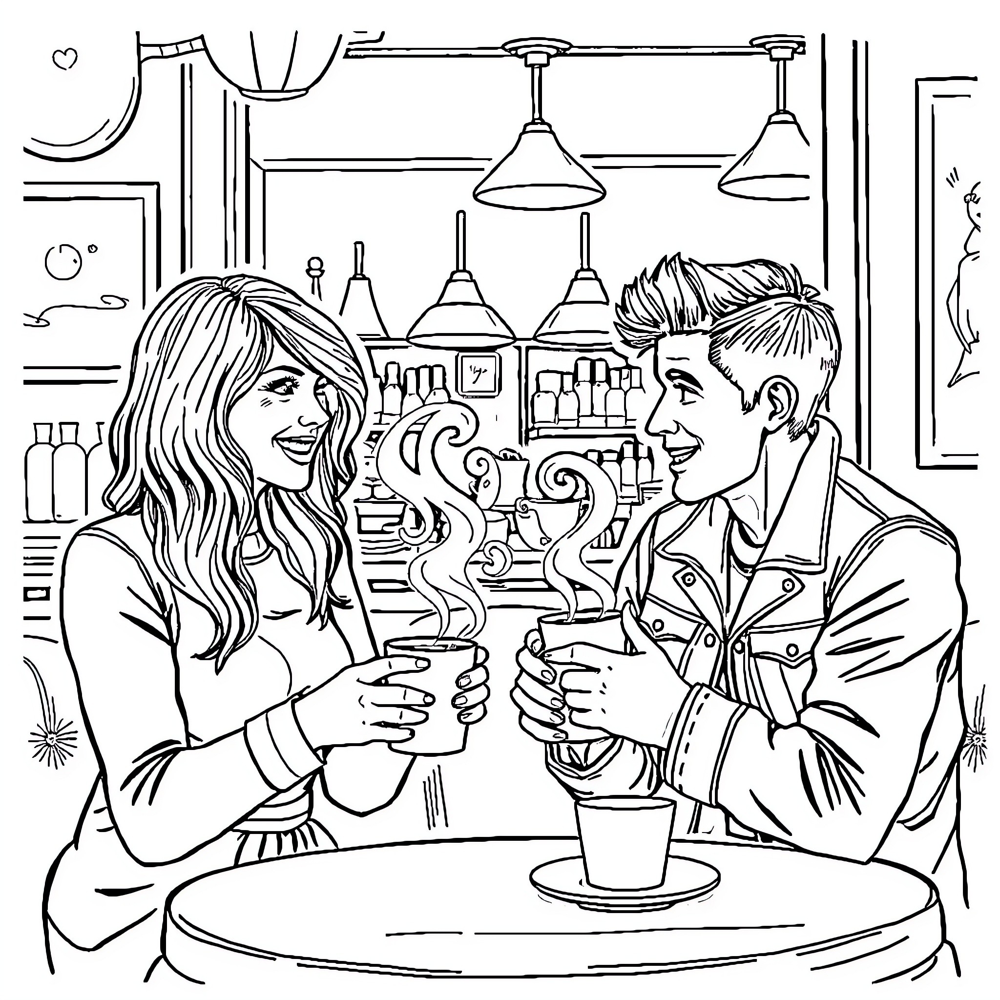 Taylor Swift and her friend in a cozy cafe Coloring Page (free black-and-white line drawing printable PDF for all, from beginners to advanced learners, including children, teens, adults, and seniors)