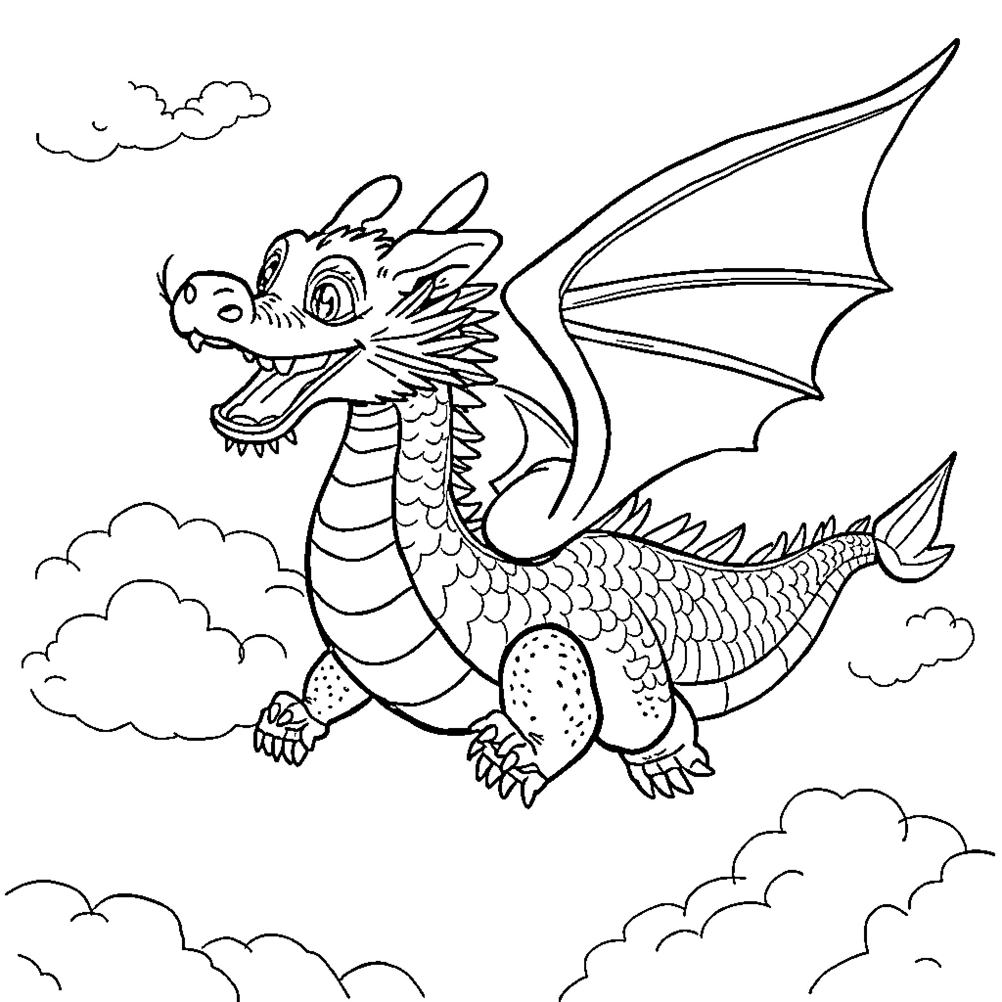 Hamster dragon soaring in the clouds Coloring Page (free black-and-white line drawing printable PDF for all, from beginners to advanced learners, including children, teens, adults, and seniors)