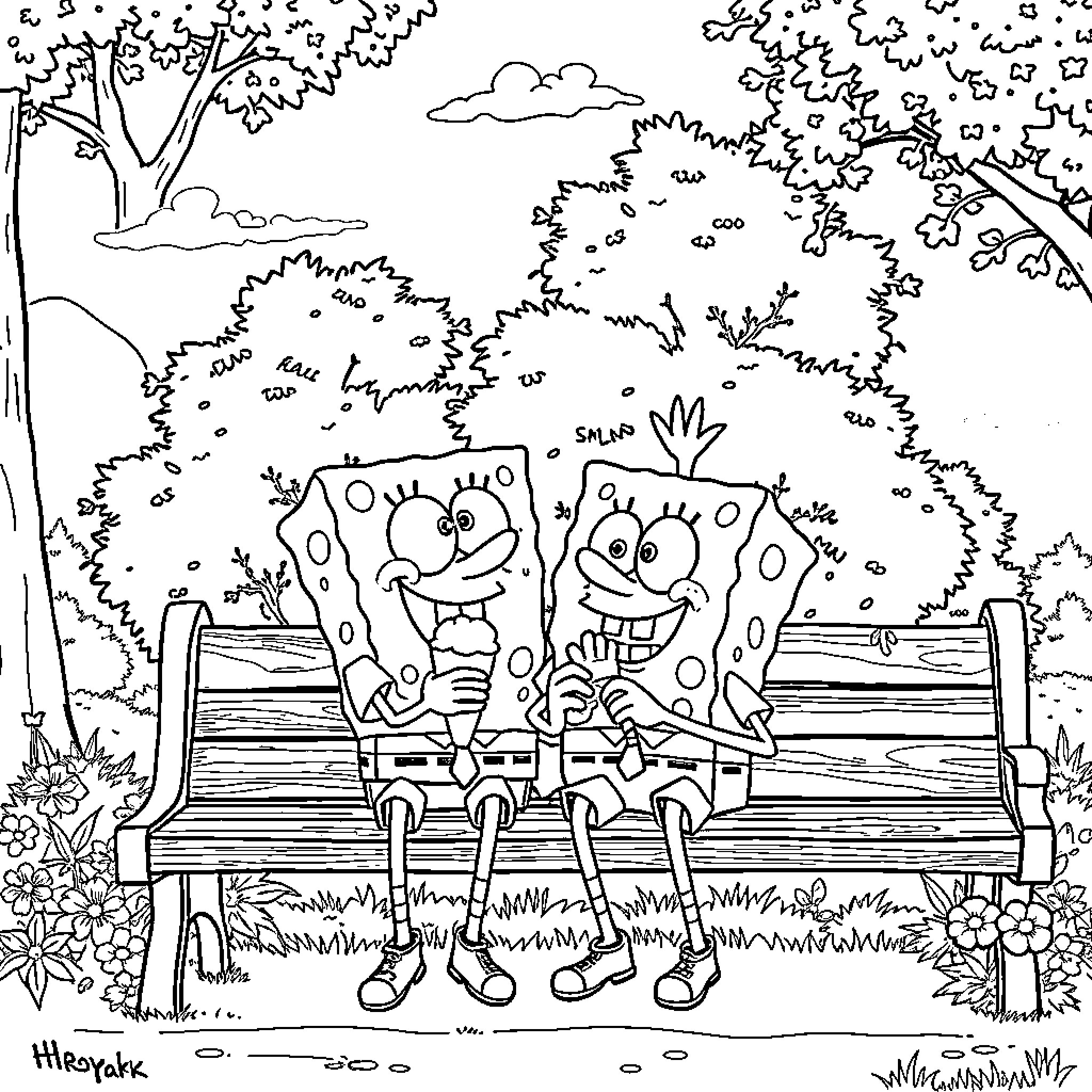 Spongebob characters enjoying a sunny day outdoors Coloring Page (free black-and-white line drawing printable PDF for all, from beginners to advanced learners, including children, teens, adults, and seniors)