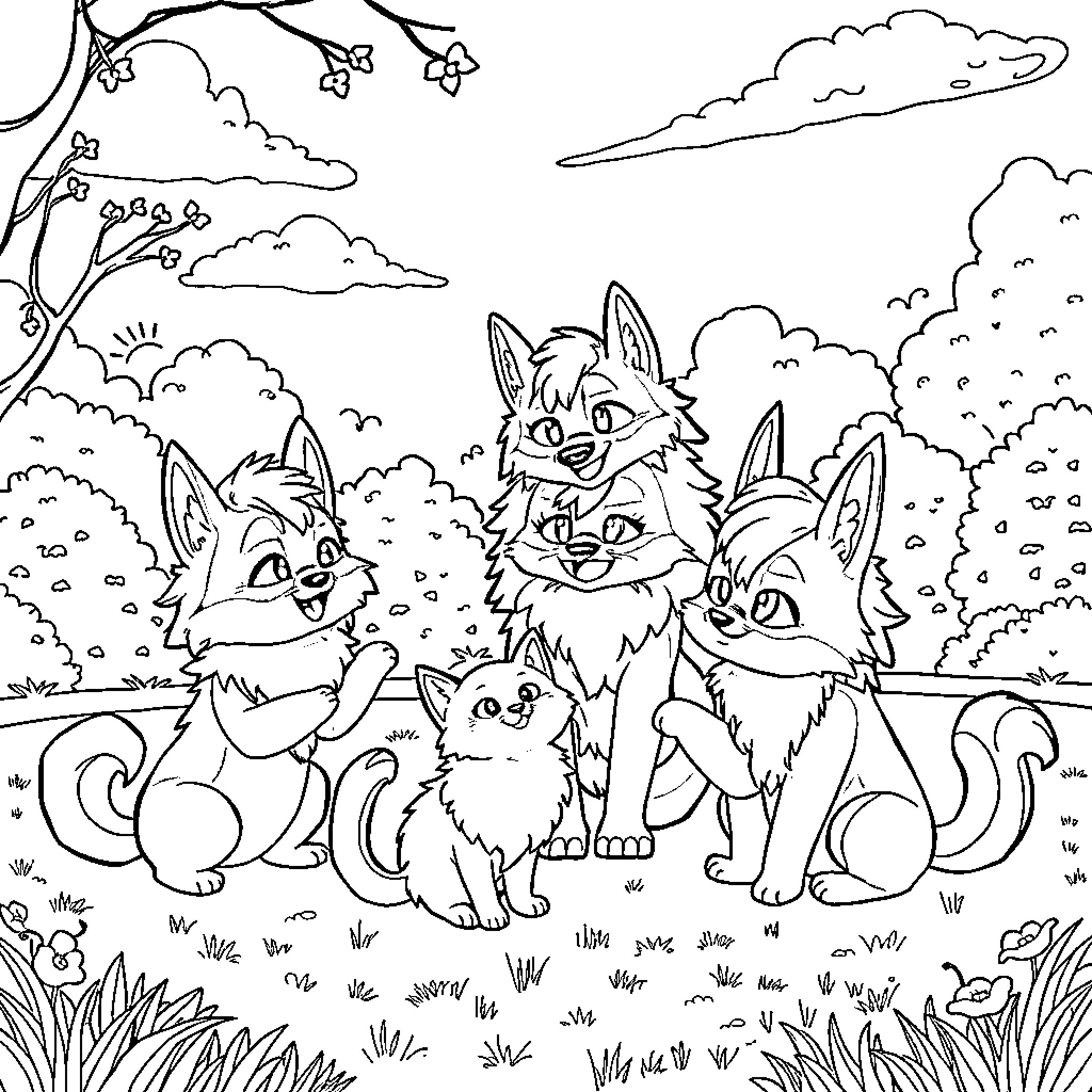 Therian Feline Family in Woodland Landscape Coloring Page (free black-and-white line drawing printable PDF for all, from beginners to advanced learners, including children, teens, adults, and seniors)