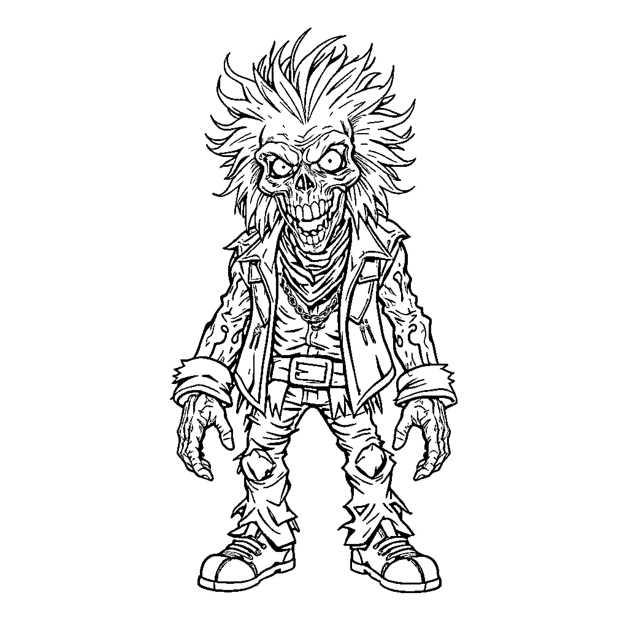 Eddie's Punk Rock Zombie Style Coloring Page (free black-and-white line drawing printable PDF for all, from beginners to advanced learners, including children, teens, adults, and seniors)