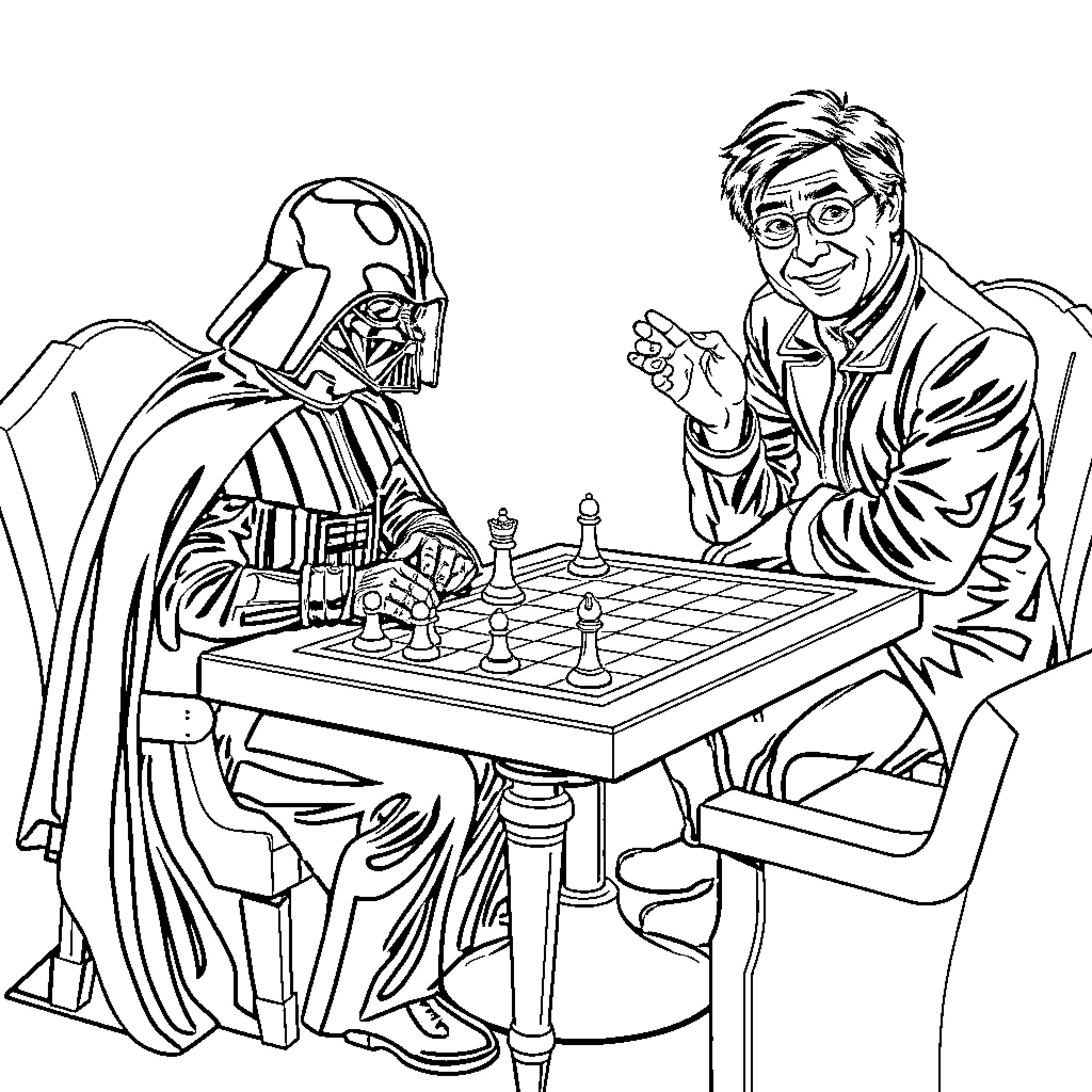 Vader and the chess master Coloring Page (free black-and-white line drawing printable PDF for all, from beginners to advanced learners, including children, teens, adults, and seniors)