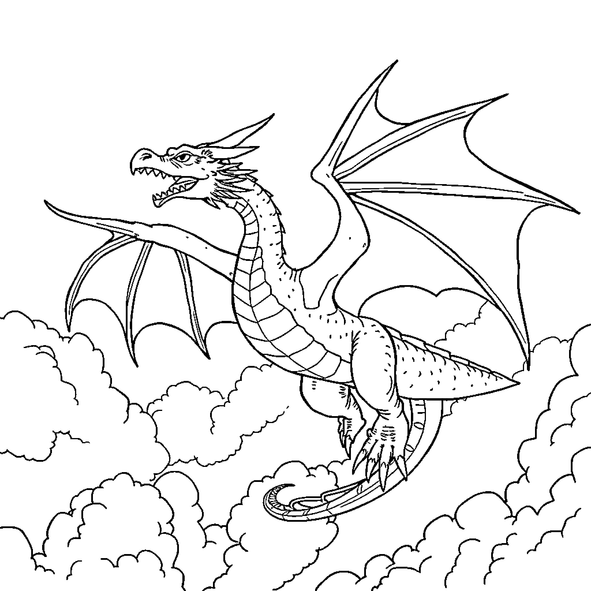 Dragon soaring majestically through cloudy skies Coloring Page (free black-and-white line drawing printable PDF for all, from beginners to advanced learners, including children, teens, adults, and seniors)