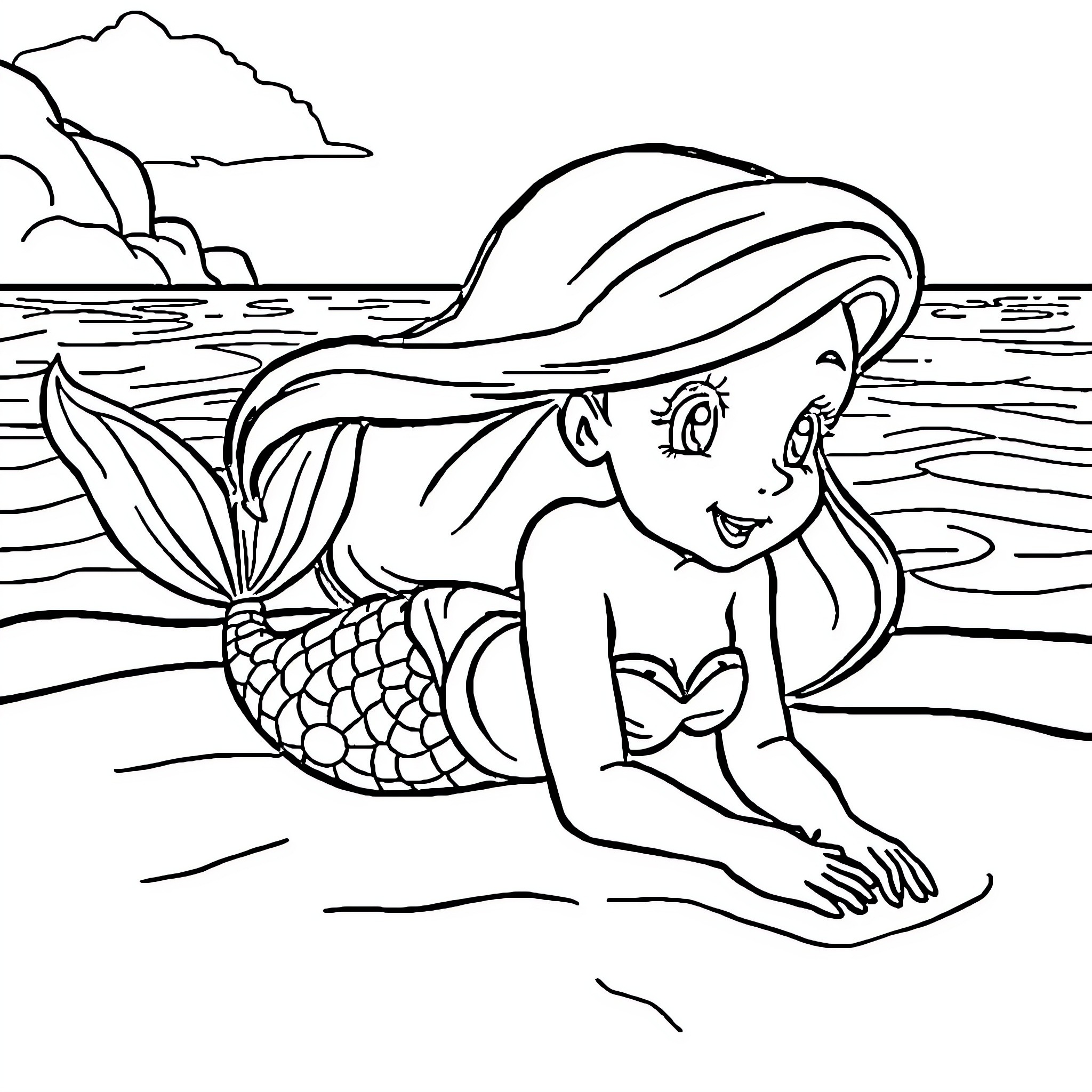 Mermaid resting peacefully by the ocean Coloring Page (free black-and-white line drawing printable PDF for all, from beginners to advanced learners, including children, teens, adults, and seniors)
