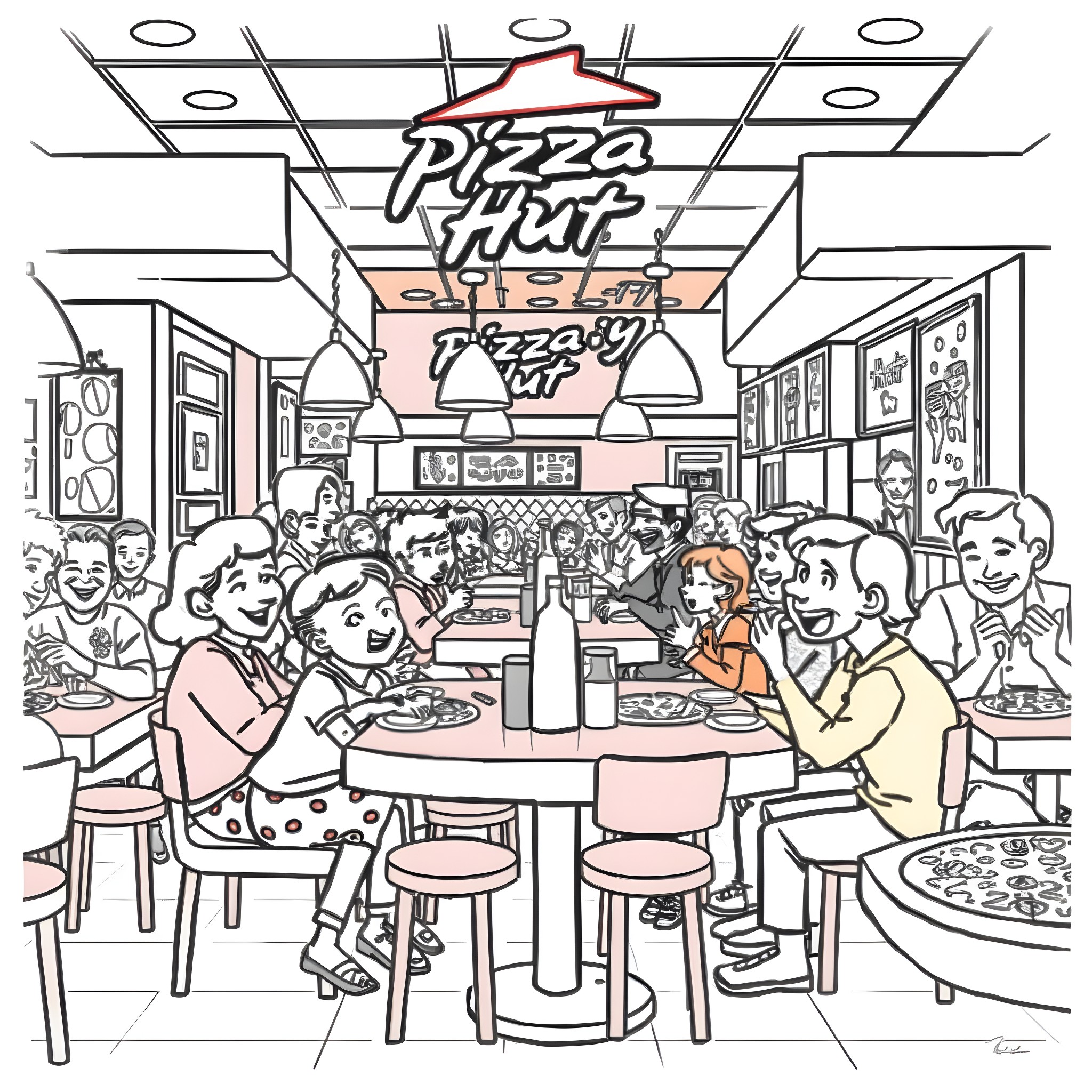 Pizza Party in a Lively Restaurant Coloring Page (free black-and-white line drawing printable PDF for all, from beginners to advanced learners, including children, teens, adults, and seniors)
