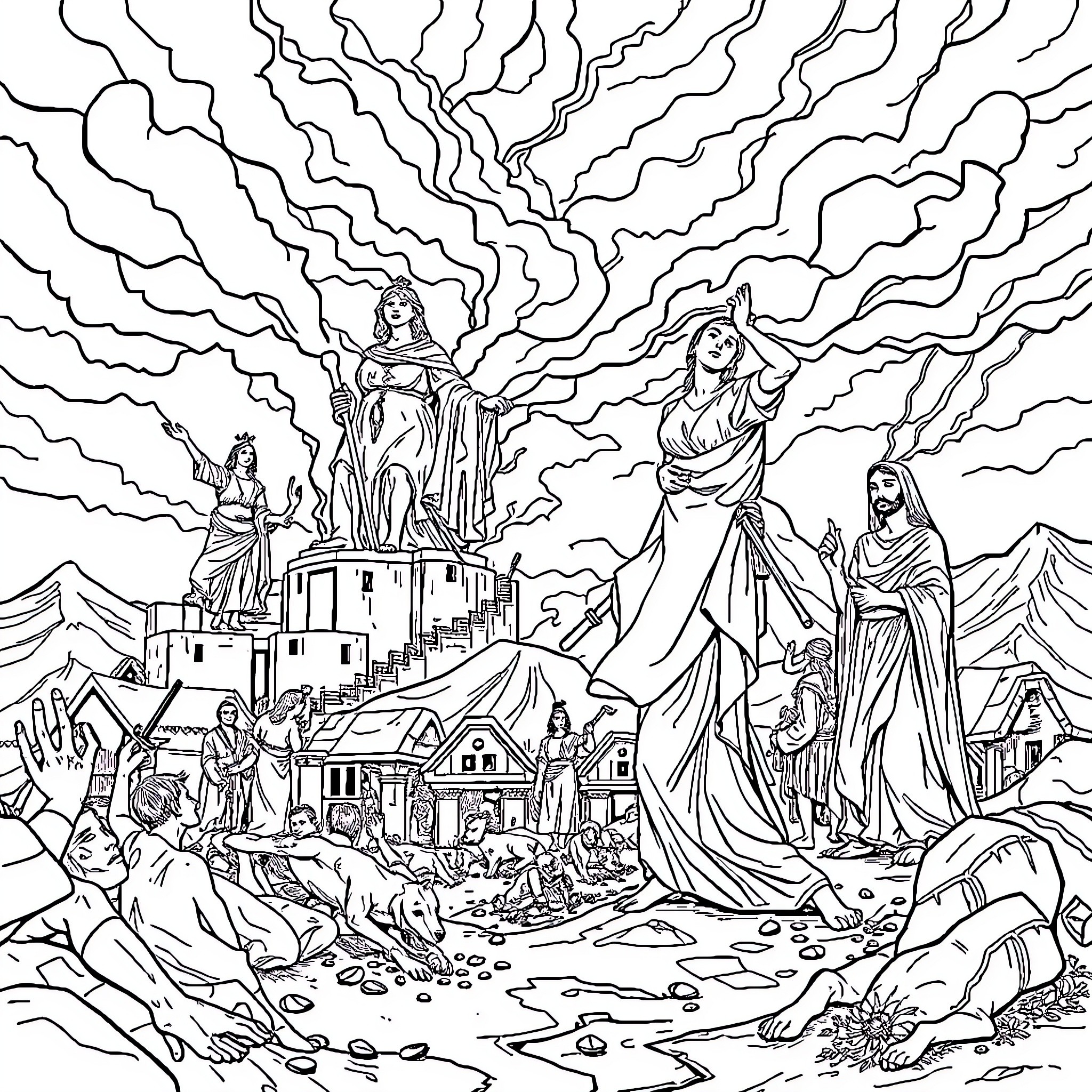 Sodoma y Gomorra: Destruction and Devastation of Ancient Cities Coloring Page (free black-and-white line drawing printable PDF for all, from beginners to advanced learners, including children, teens, adults, and seniors)