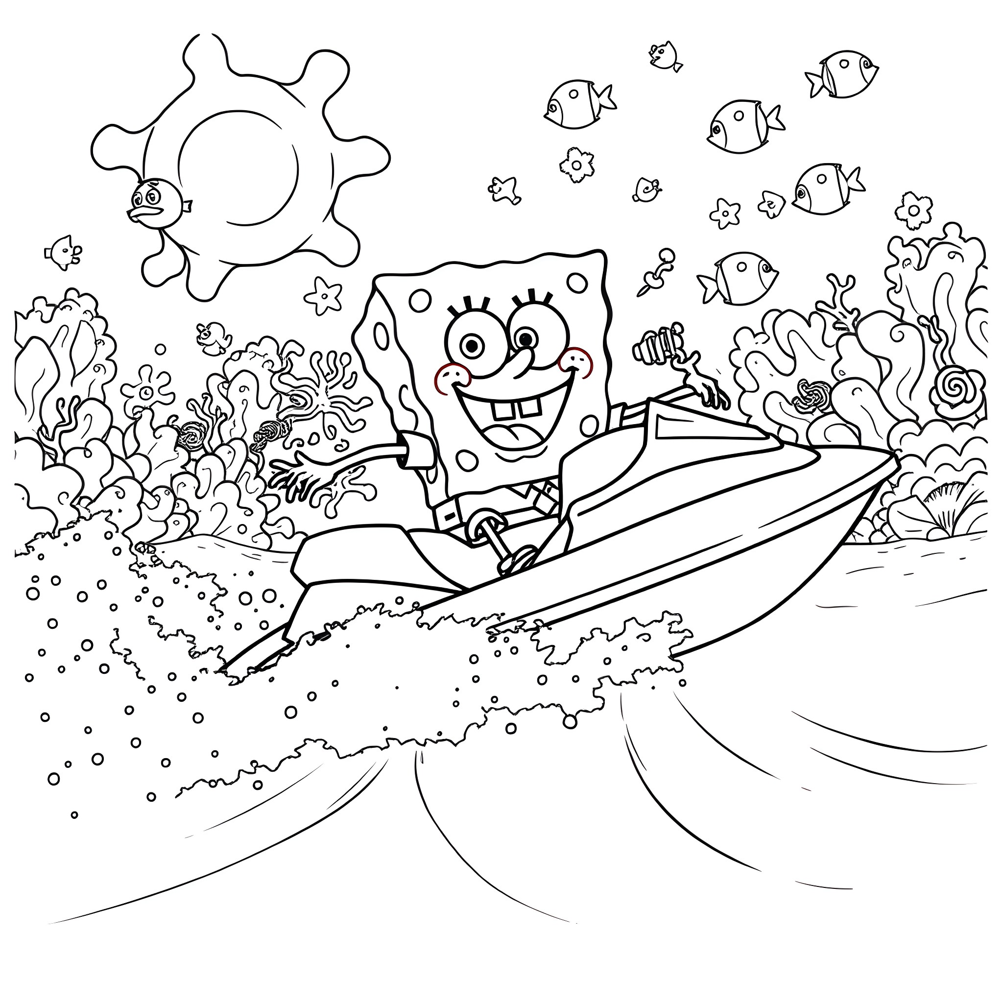 Spongebob riding a speedboat in the ocean Coloring Page (free black-and-white line drawing printable PDF for all, from beginners to advanced learners, including children, teens, adults, and seniors)