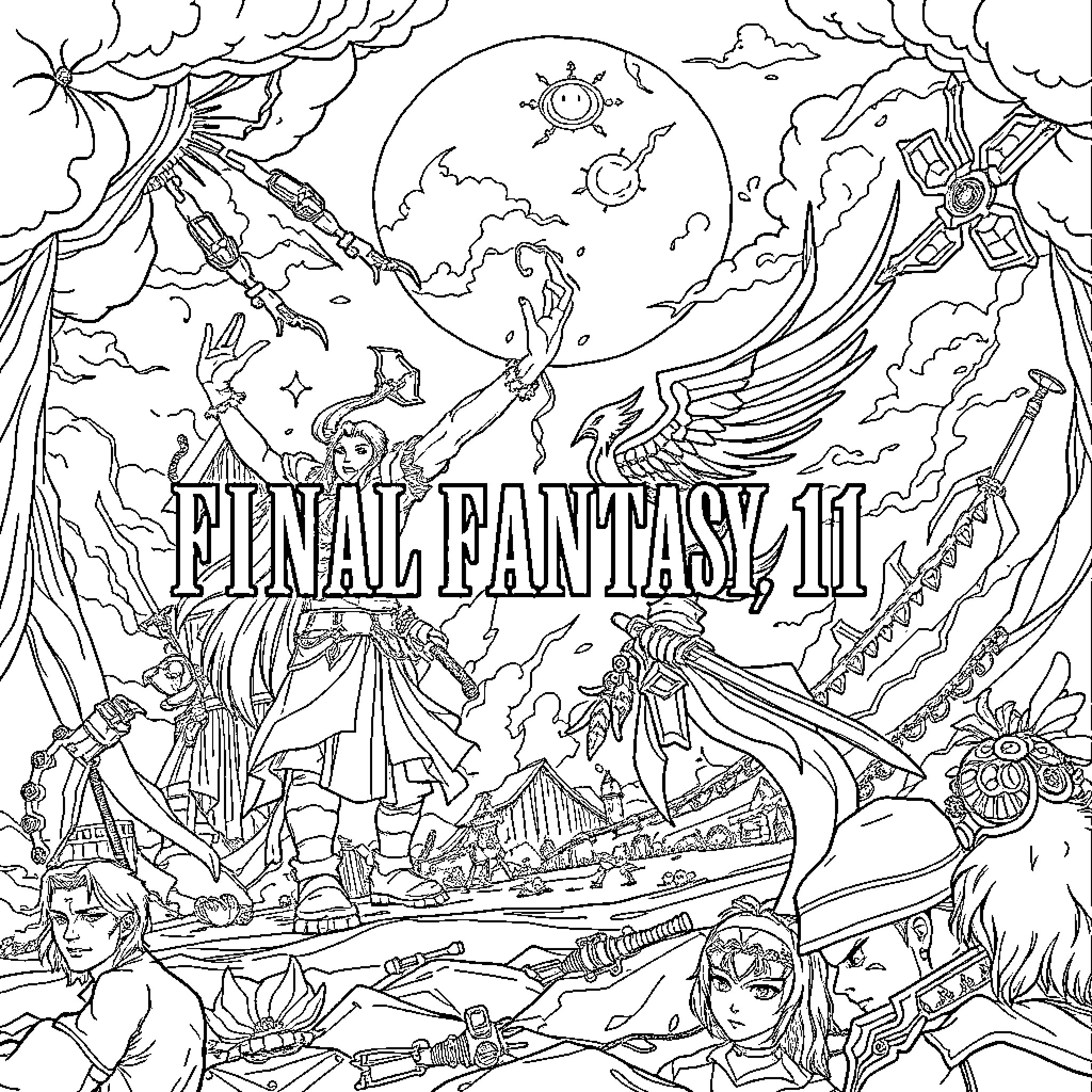 Final Fantasy 11: Epic Landscapes, Fantastical Creatures, and Heroic Characters Coloring Page (free black-and-white line drawing printable PDF for all, from beginners to advanced learners, including children, teens, adults, and seniors)