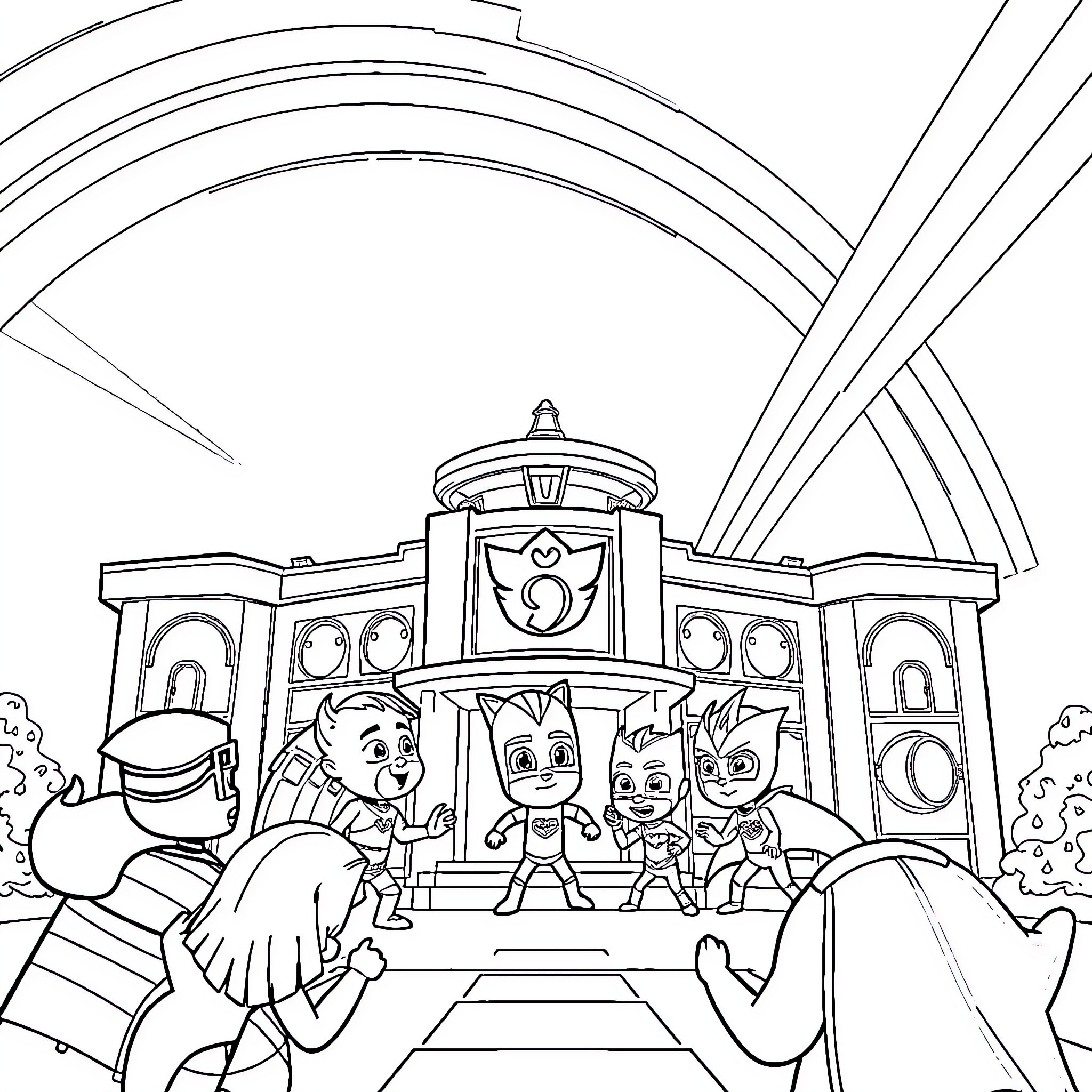Pj Mask characters in action at headquarters Coloring Page (free black-and-white line drawing printable PDF for all, from beginners to advanced learners, including children, teens, adults, and seniors)