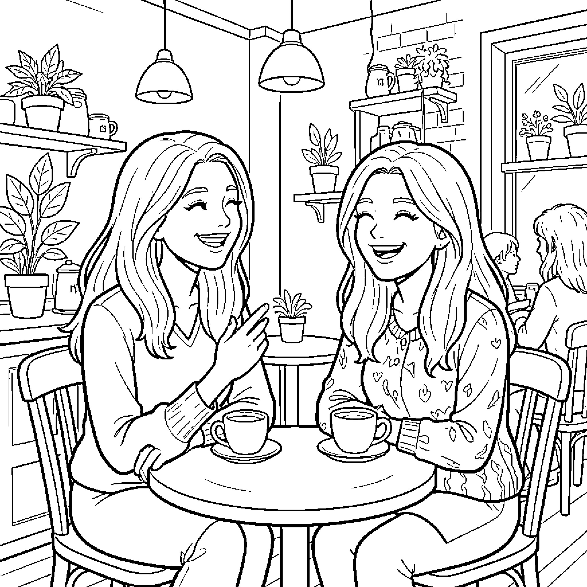 Woman having casual conversation with friend in cozy cafe Coloring Page (free black-and-white line drawing printable PDF for all, from beginners to advanced learners, including children, teens, adults, and seniors)