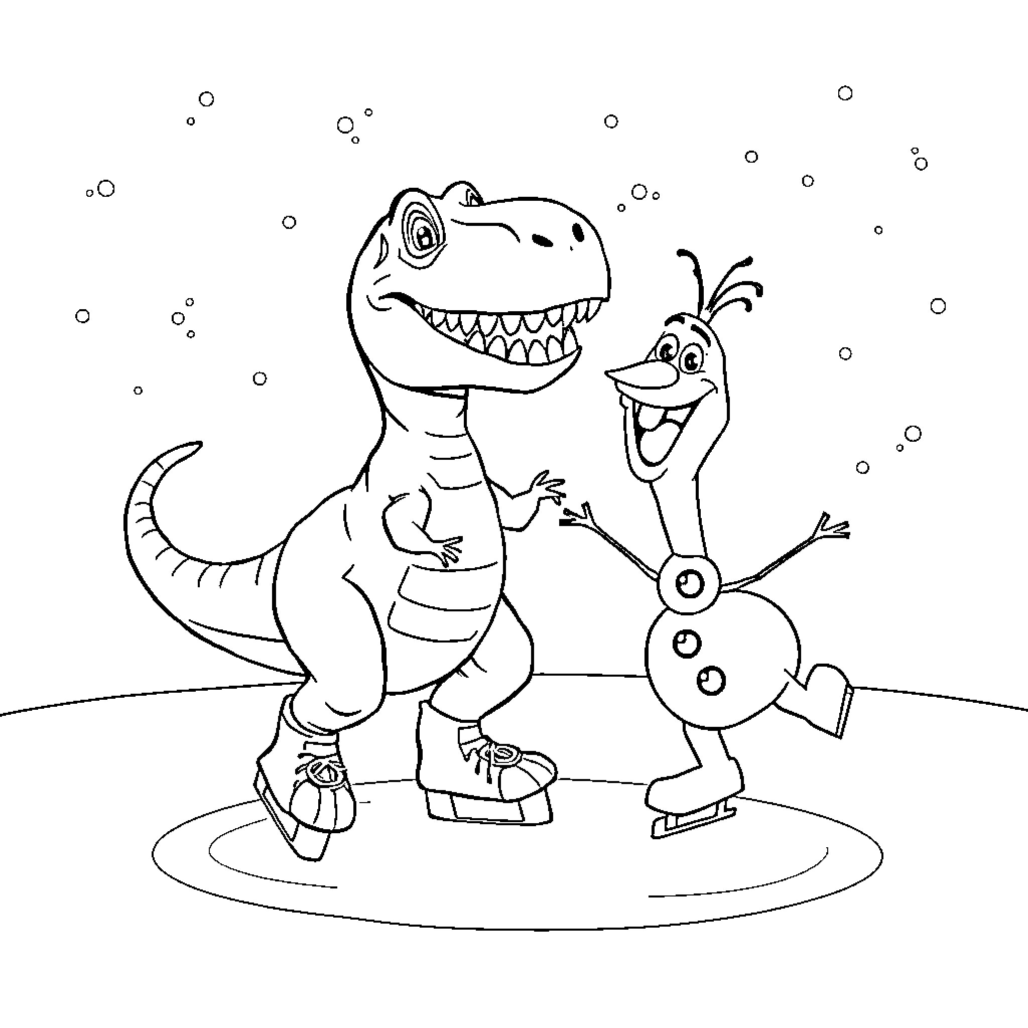 T-Rex and Olaf playing on frozen pond Coloring Page (free black-and-white line drawing printable PDF for all, from beginners to advanced learners, including children, teens, adults, and seniors)