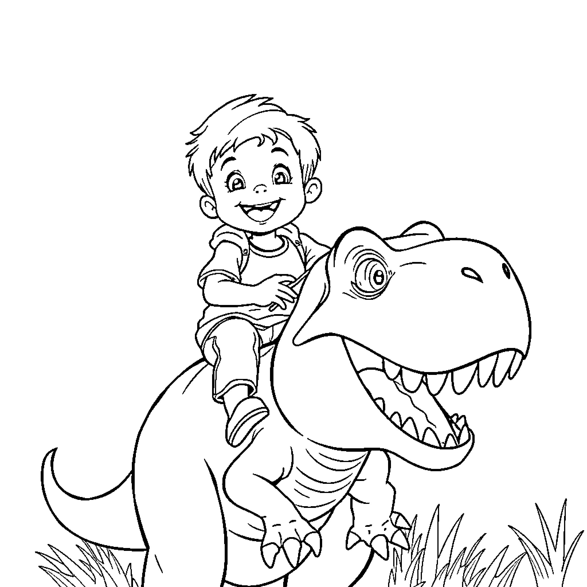 Boy riding a friendly dinosaur in the park Coloring Page (free black-and-white line drawing printable PDF for all, from beginners to advanced learners, including children, teens, adults, and seniors)