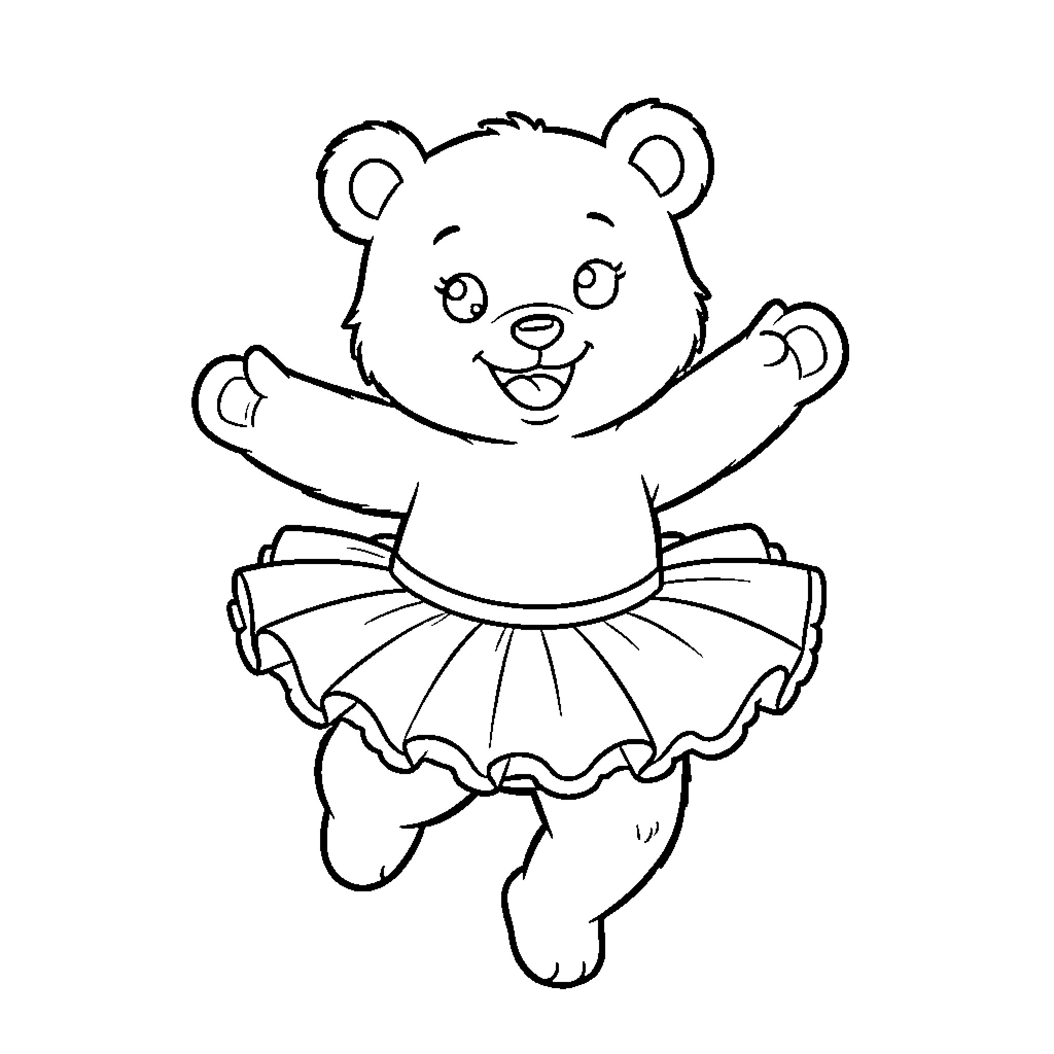 Bear dancing happily in a tutu Coloring Page (free black-and-white line drawing printable PDF for all, from beginners to advanced learners, including children, teens, adults, and seniors)