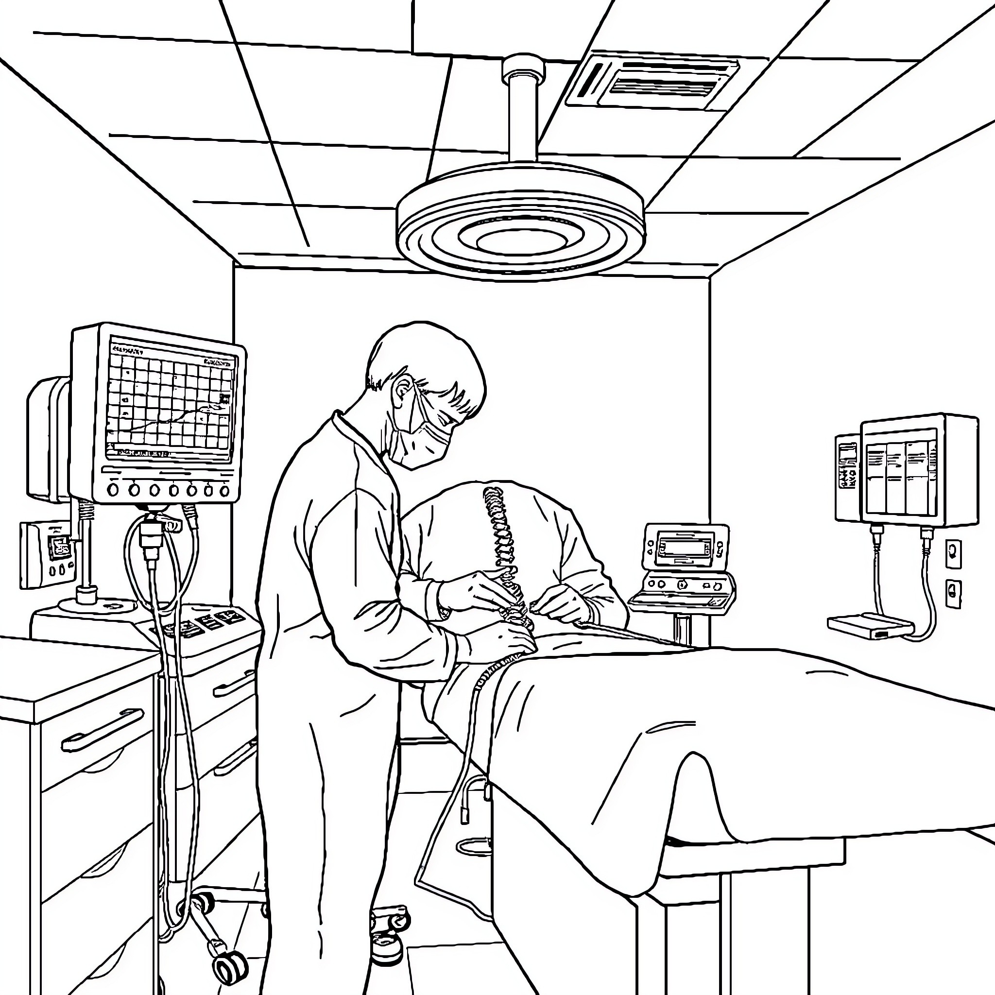 Spinal Tap: Surgeon Performing Complex Medical Procedure Coloring Page (free black-and-white line drawing printable PDF for all, from beginners to advanced learners, including children, teens, adults, and seniors)