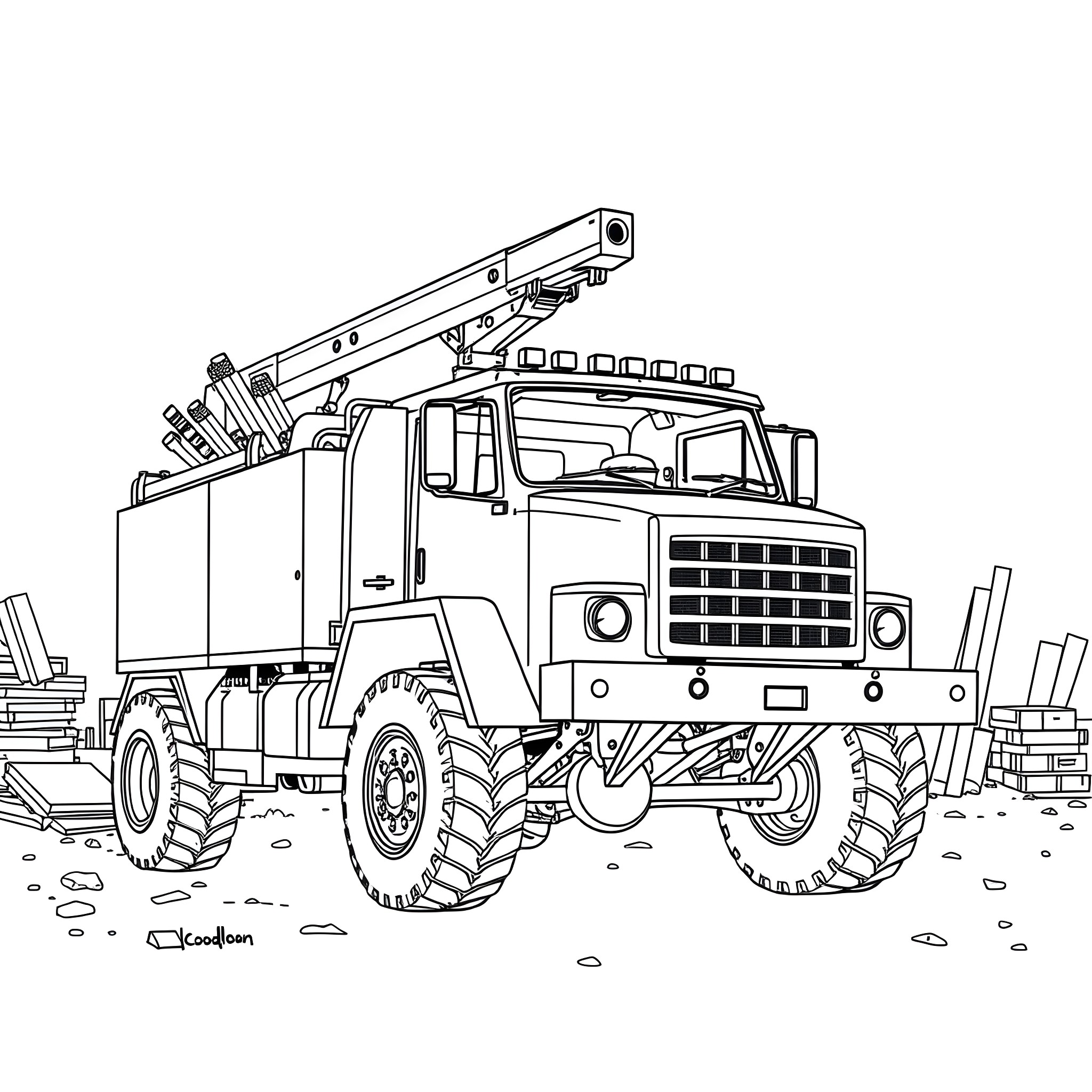 Utility Truck with Crane Arm in Action Coloring Page (free black-and-white line drawing printable PDF for all, from beginners to advanced learners, including children, teens, adults, and seniors)