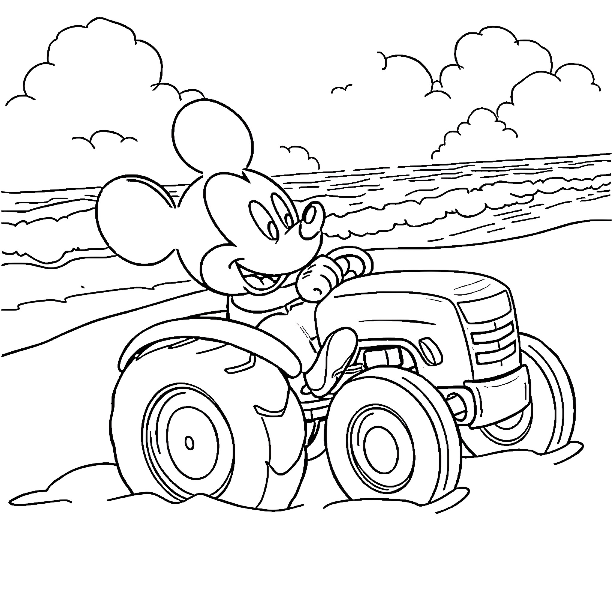 Mickey Mouse driving a tractor on the farm Coloring Page (free black-and-white line drawing printable PDF for all, from beginners to advanced learners, including children, teens, adults, and seniors)