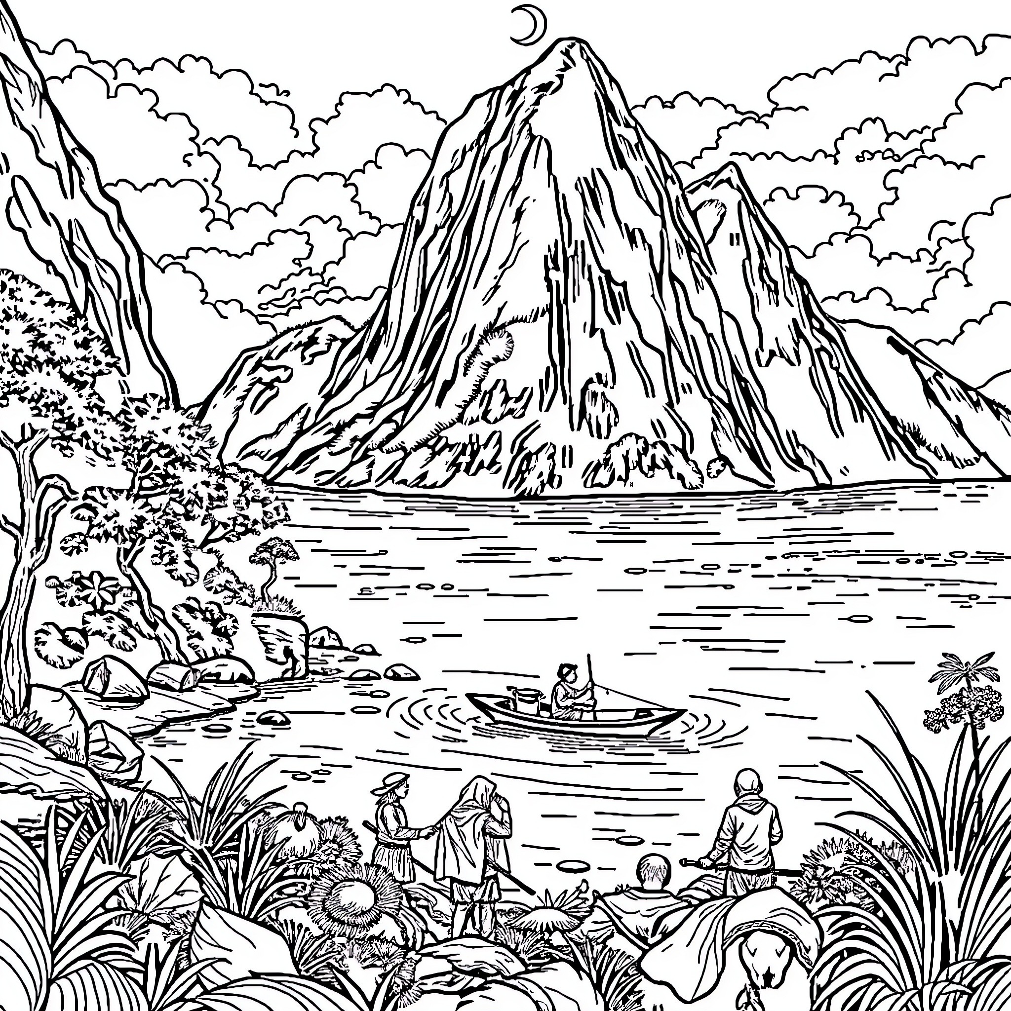 Pemuda exploring the majestic mountain landscape Coloring Page (free black-and-white line drawing printable PDF for all, from beginners to advanced learners, including children, teens, adults, and seniors)