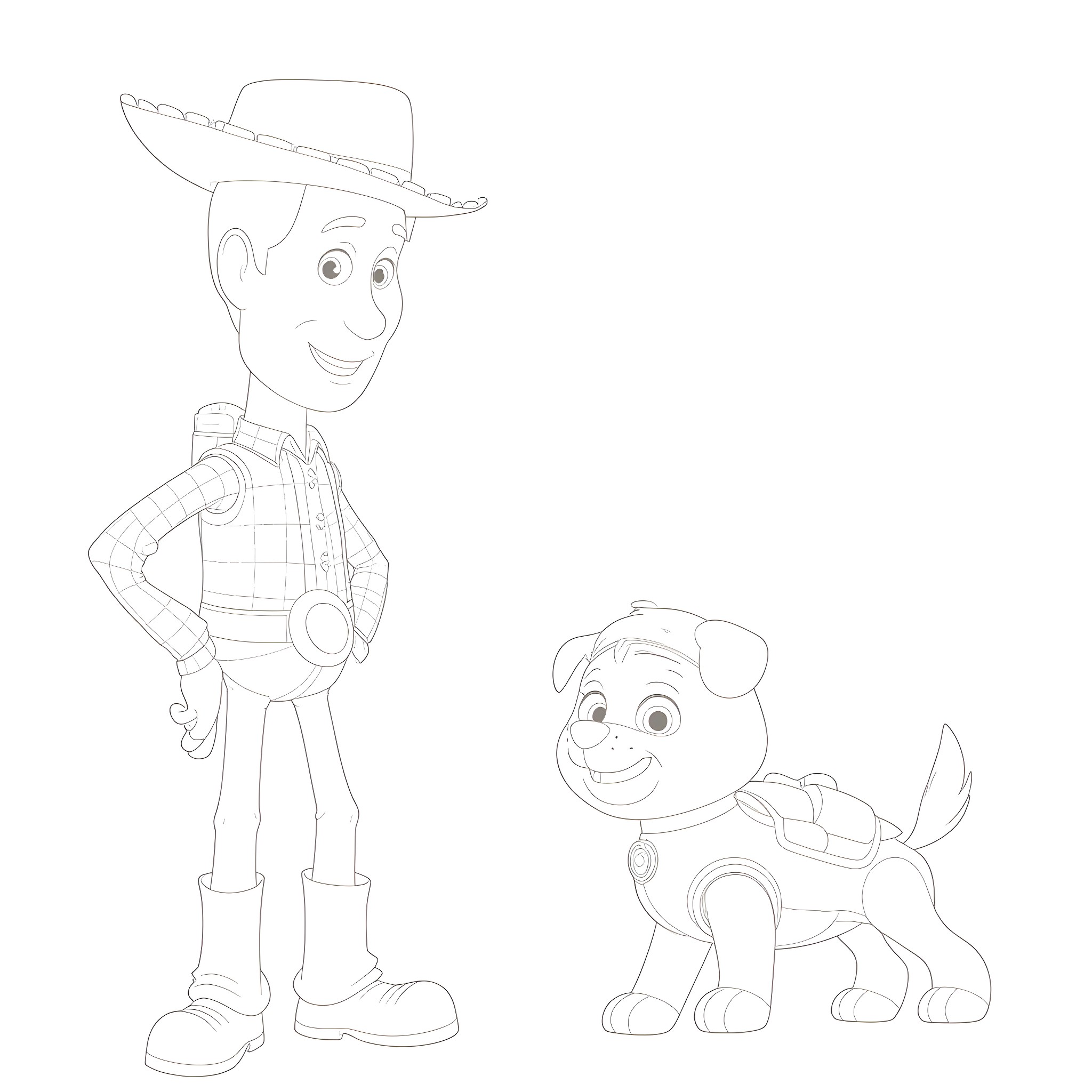 Toy Story Characters in Action Poses Coloring Page (free black-and-white line drawing printable PDF for all, from beginners to advanced learners, including children, teens, adults, and seniors)
