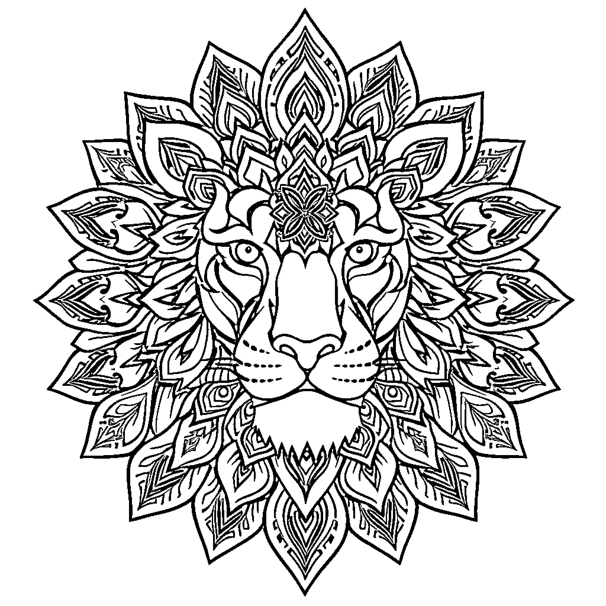 Lion with intricate floral pattern Coloring Page (free black-and-white line drawing printable PDF for all, from beginners to advanced learners, including children, teens, adults, and seniors)