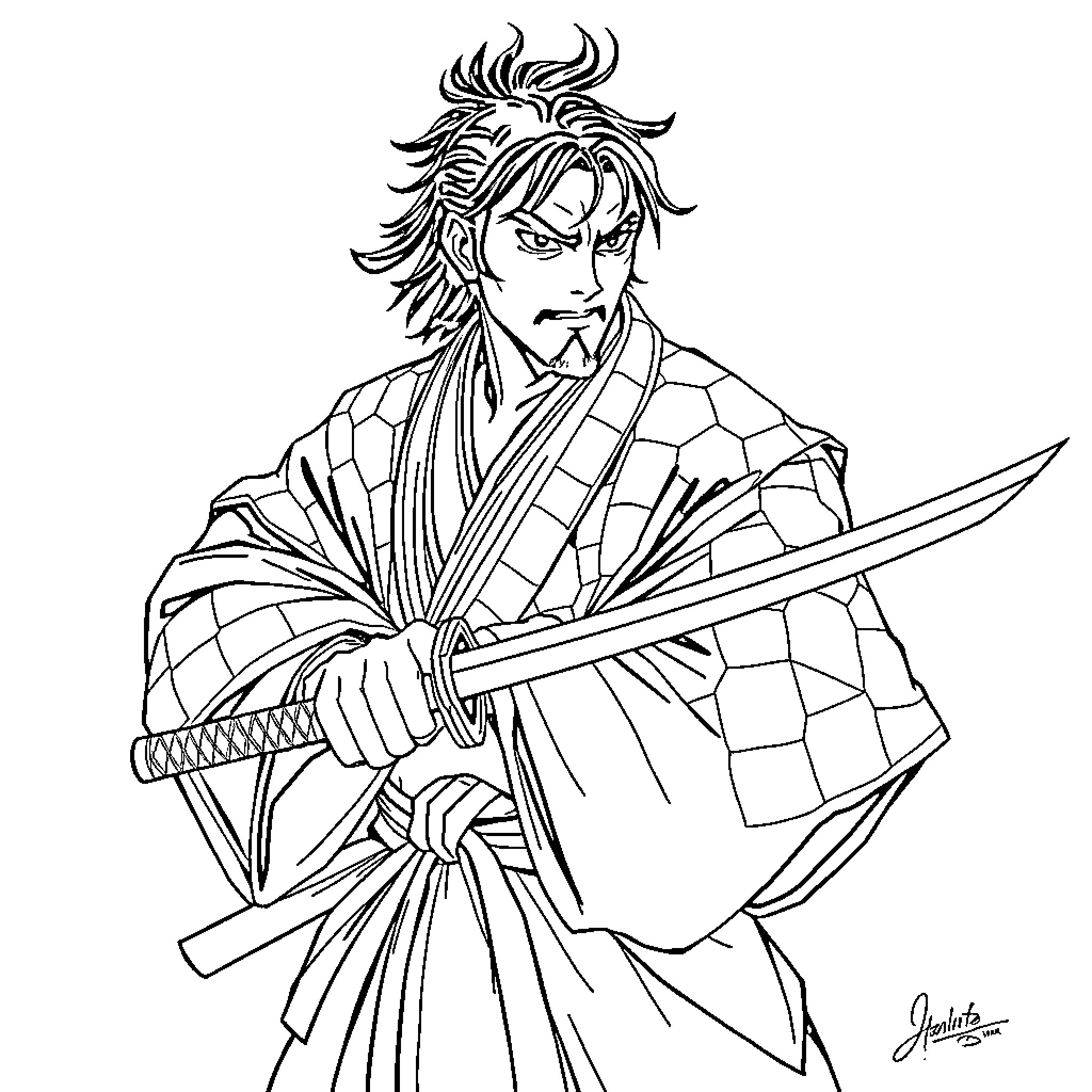 Tanjiro's Unwavering Resolve in Battle Coloring Page (free black-and-white line drawing printable PDF for all, from beginners to advanced learners, including children, teens, adults, and seniors)