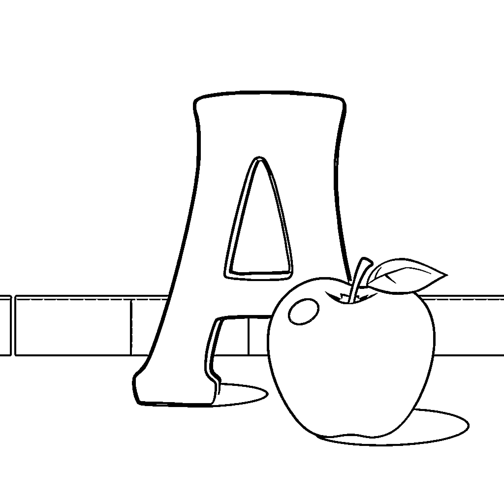 Letter A with Apple on Desk Coloring Page (free black-and-white line drawing printable PDF for all, from beginners to advanced learners, including children, teens, adults, and seniors)