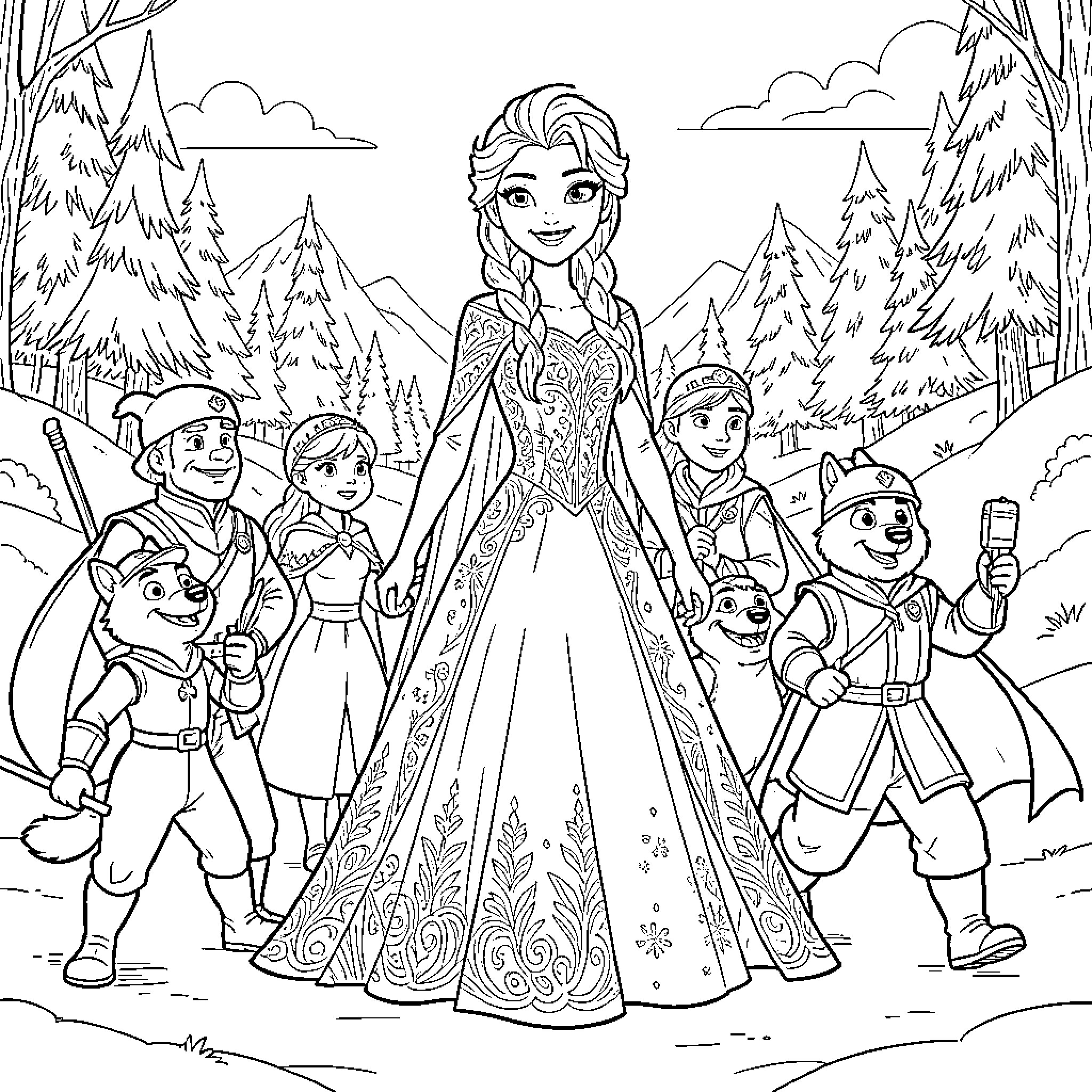 Elsa surrounded by friends in the snowy forest Coloring Page (free black-and-white line drawing printable PDF for all, from beginners to advanced learners, including children, teens, adults, and seniors)