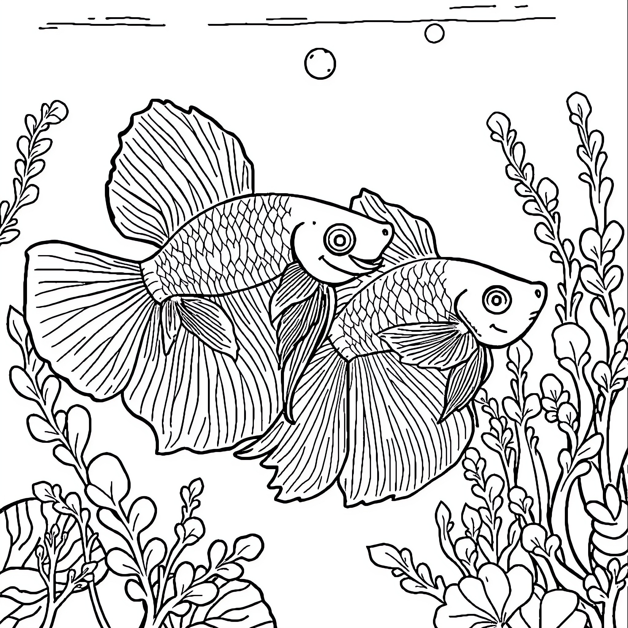 Betta Fish swimming gracefully in the underwater garden Coloring Page (free black-and-white line drawing printable PDF for all, from beginners to advanced learners, including children, teens, adults, and seniors)