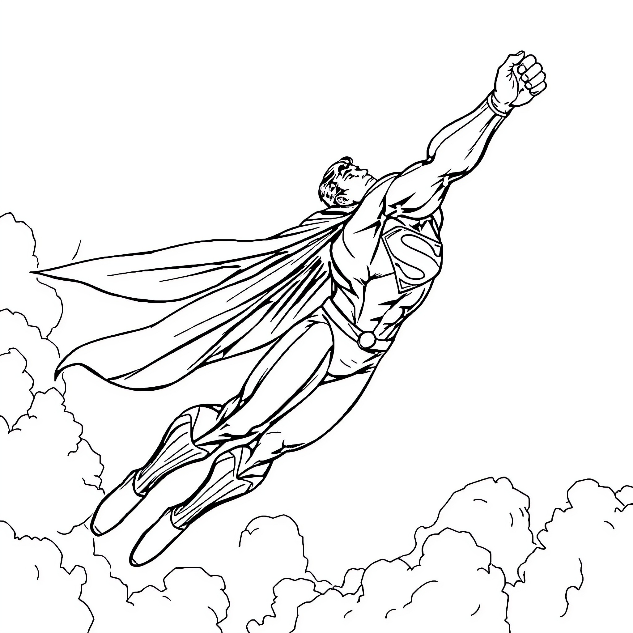 Superman soaring through the sky in heroic pose Coloring Page (free black-and-white line drawing printable PDF for all, from beginners to advanced learners, including children, teens, adults, and seniors)