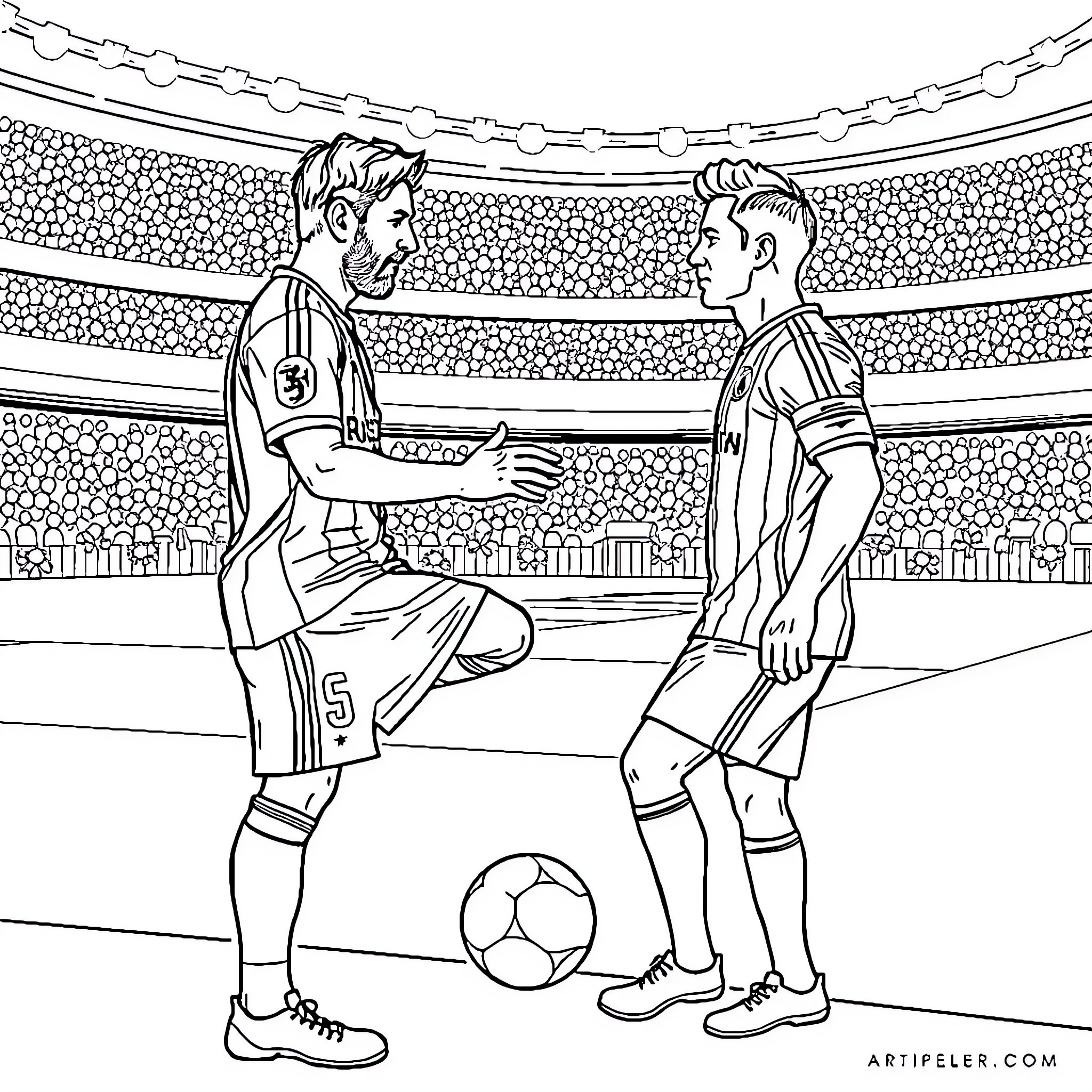 Messi shaking hands with an opponent on the field Coloring Page (free black-and-white line drawing printable PDF for all, from beginners to advanced learners, including children, teens, adults, and seniors)