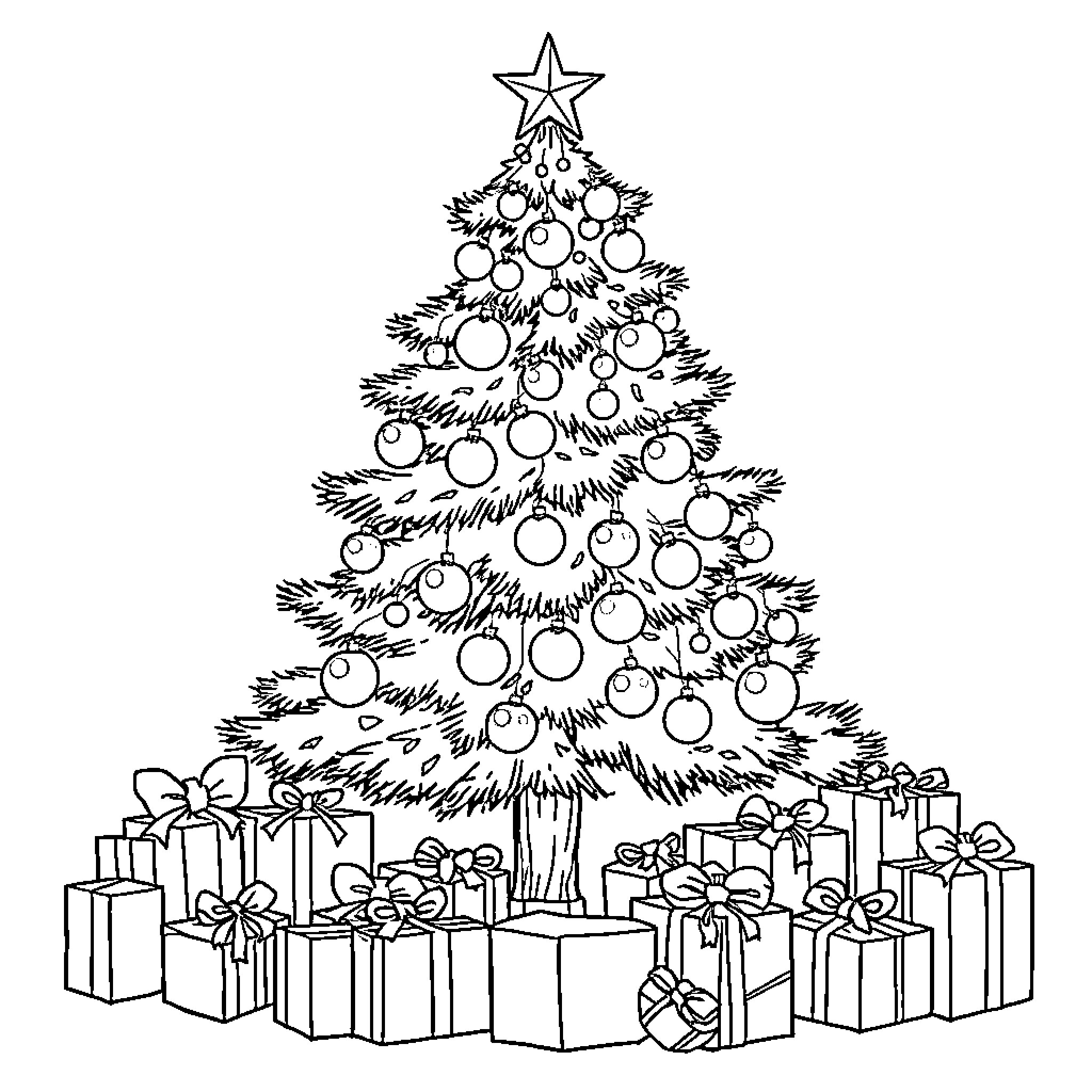 Christmas Tree with Decorated Ornaments and Gifts Coloring Page (free black-and-white line drawing printable PDF for all, from beginners to advanced learners, including children, teens, adults, and seniors)