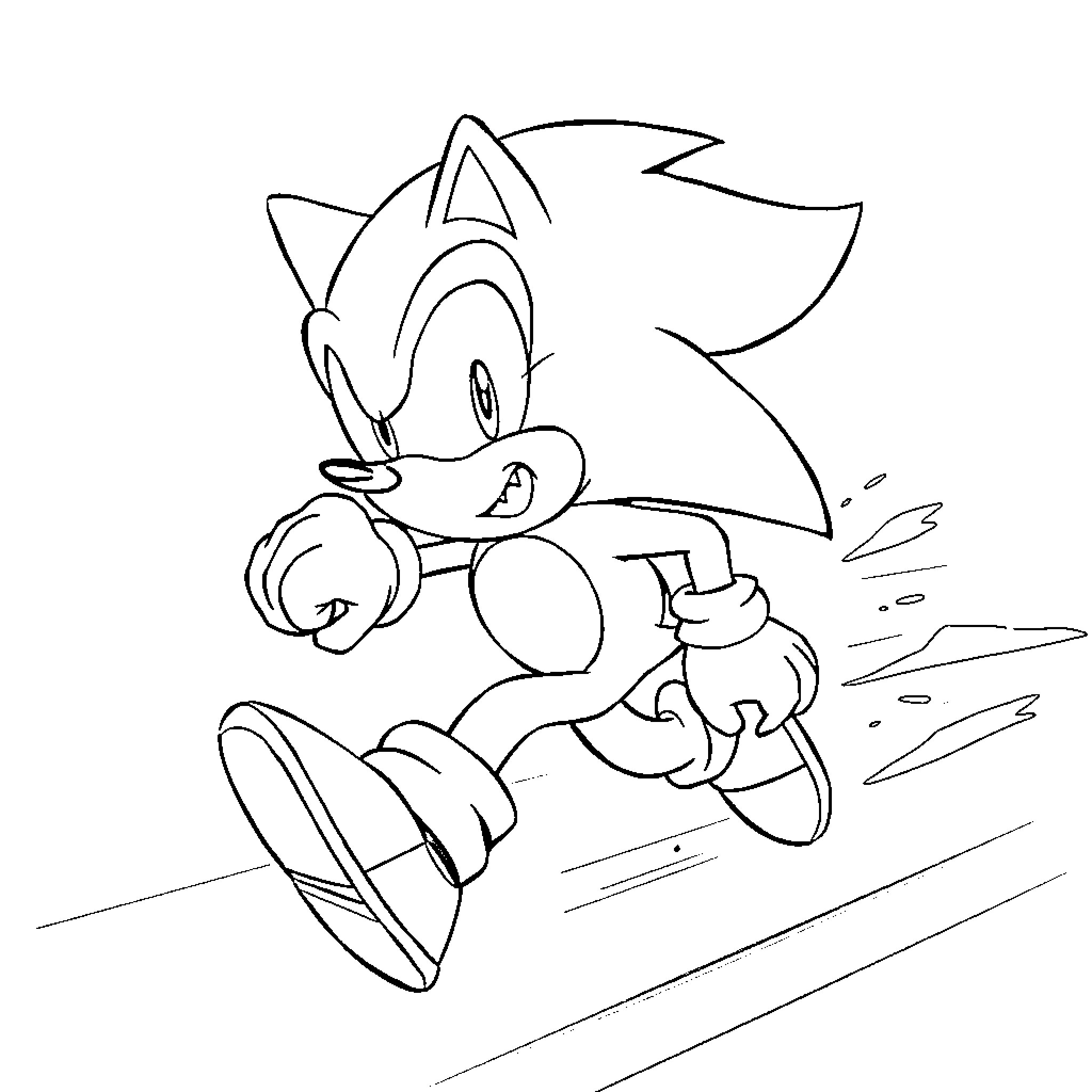 Sonic the Hedgehog running at high speed Coloring Page (free black-and-white line drawing printable PDF for all, from beginners to advanced learners, including children, teens, adults, and seniors)