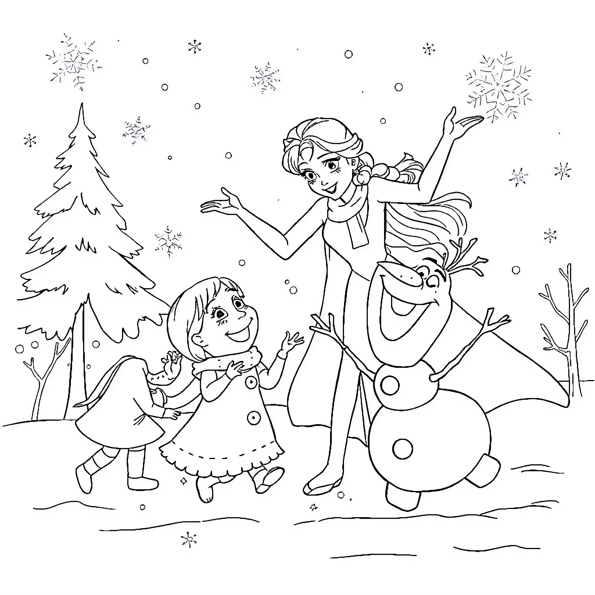 Elsa and Anna playing in the winter wonderland Coloring Page (free black-and-white line drawing printable PDF for all, from beginners to advanced learners, including children, teens, adults, and seniors)