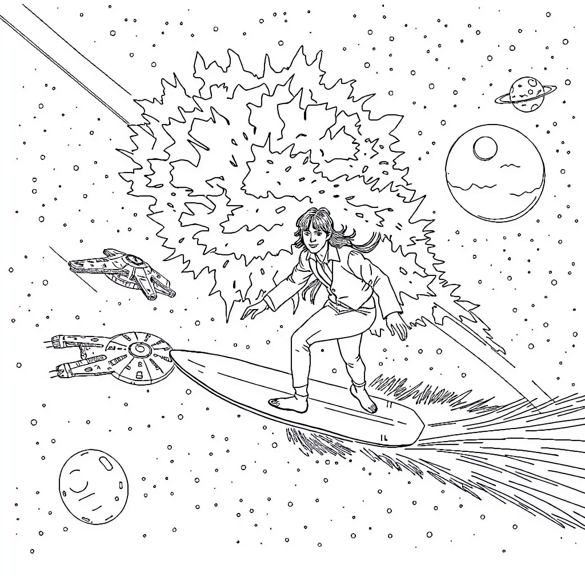 Paul McCartney exploring fantastical outer space landscapes Coloring Page (free black-and-white line drawing printable PDF for all, from beginners to advanced learners, including children, teens, adults, and seniors)