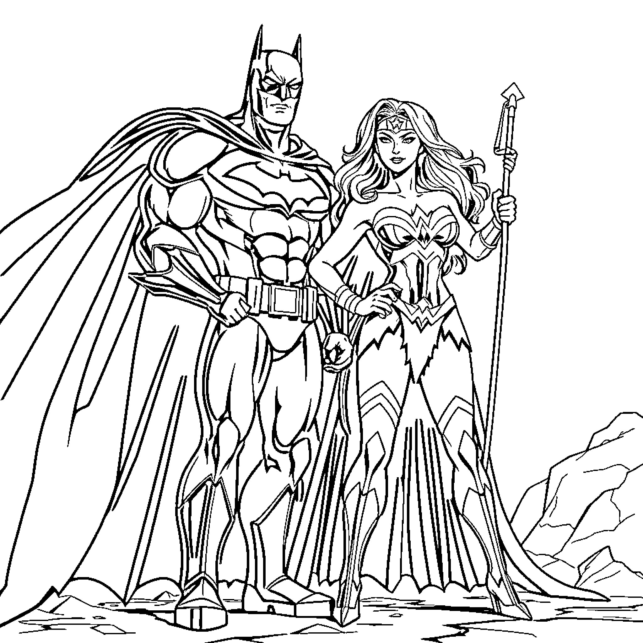 Batman and Wonder Woman in heroic stances Coloring Page (free black-and-white line drawing printable PDF for all, from beginners to advanced learners, including children, teens, adults, and seniors)