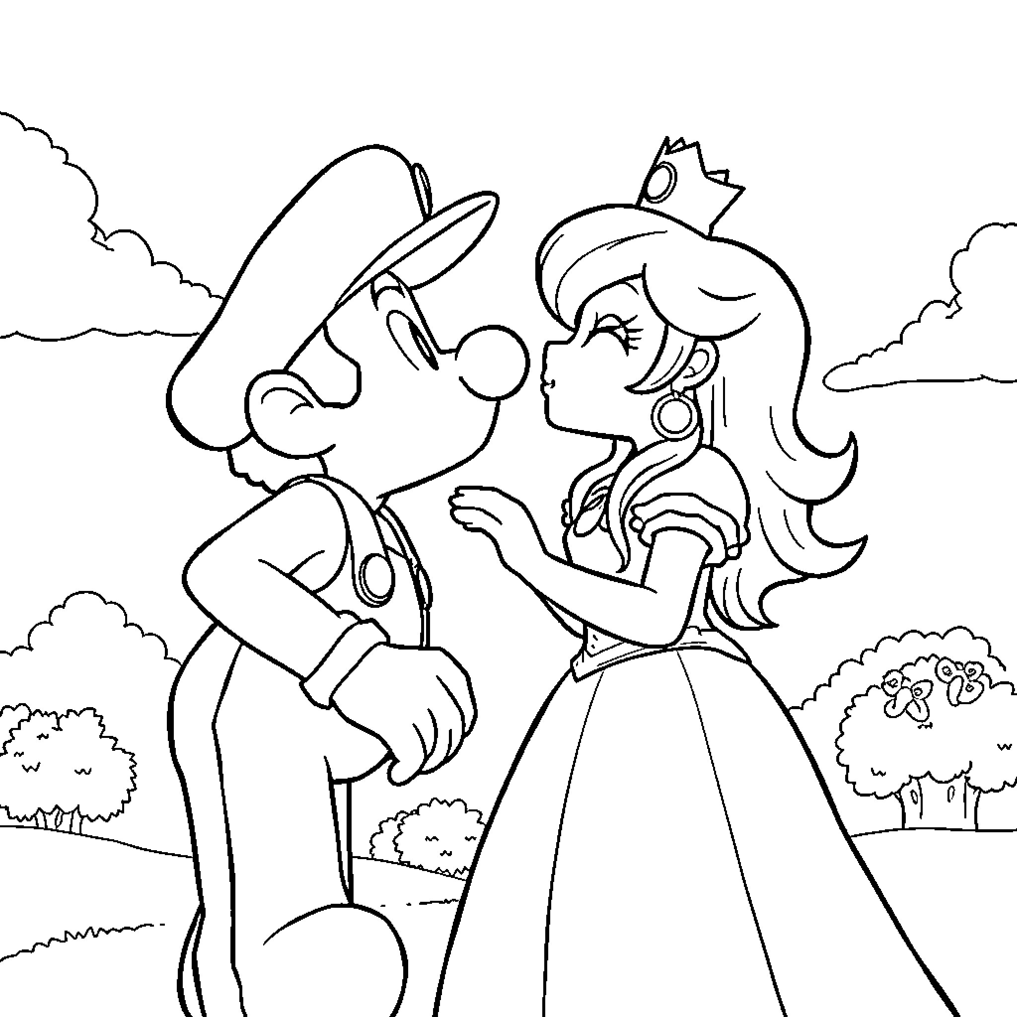 Mario and Princess Interacting in Cartoon Landscape Coloring Page (free black-and-white line drawing printable PDF for all, from beginners to advanced learners, including children, teens, adults, and seniors)