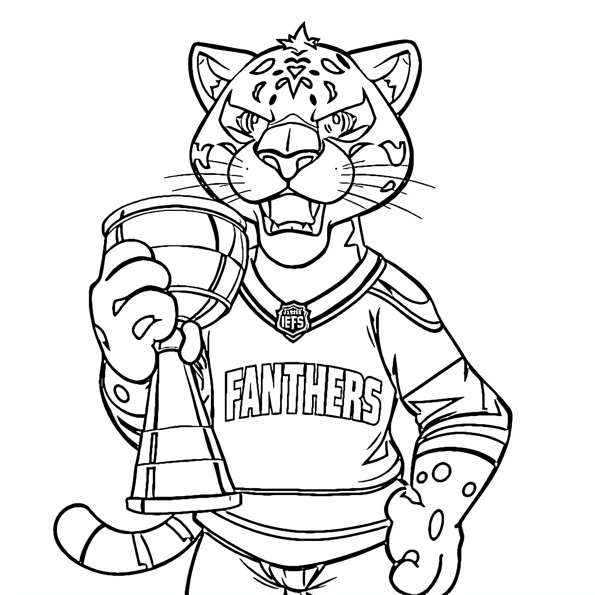 Stanley C Panther Hockey Player Cheering Coloring Page (free black-and-white line drawing printable PDF for all, from beginners to advanced learners, including children, teens, adults, and seniors)