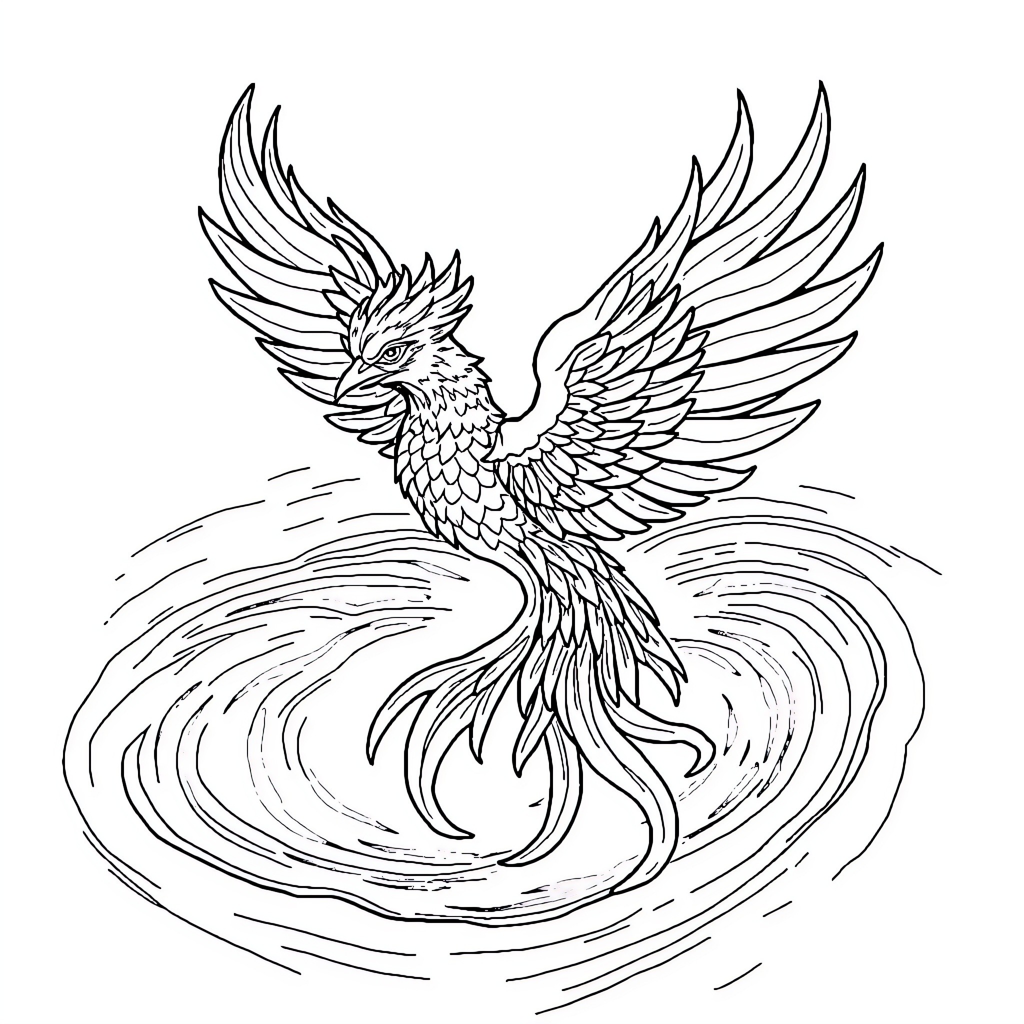 Phoenix rising gracefully from the flames Coloring Page (free black-and-white line drawing printable PDF for all, from beginners to advanced learners, including children, teens, adults, and seniors)