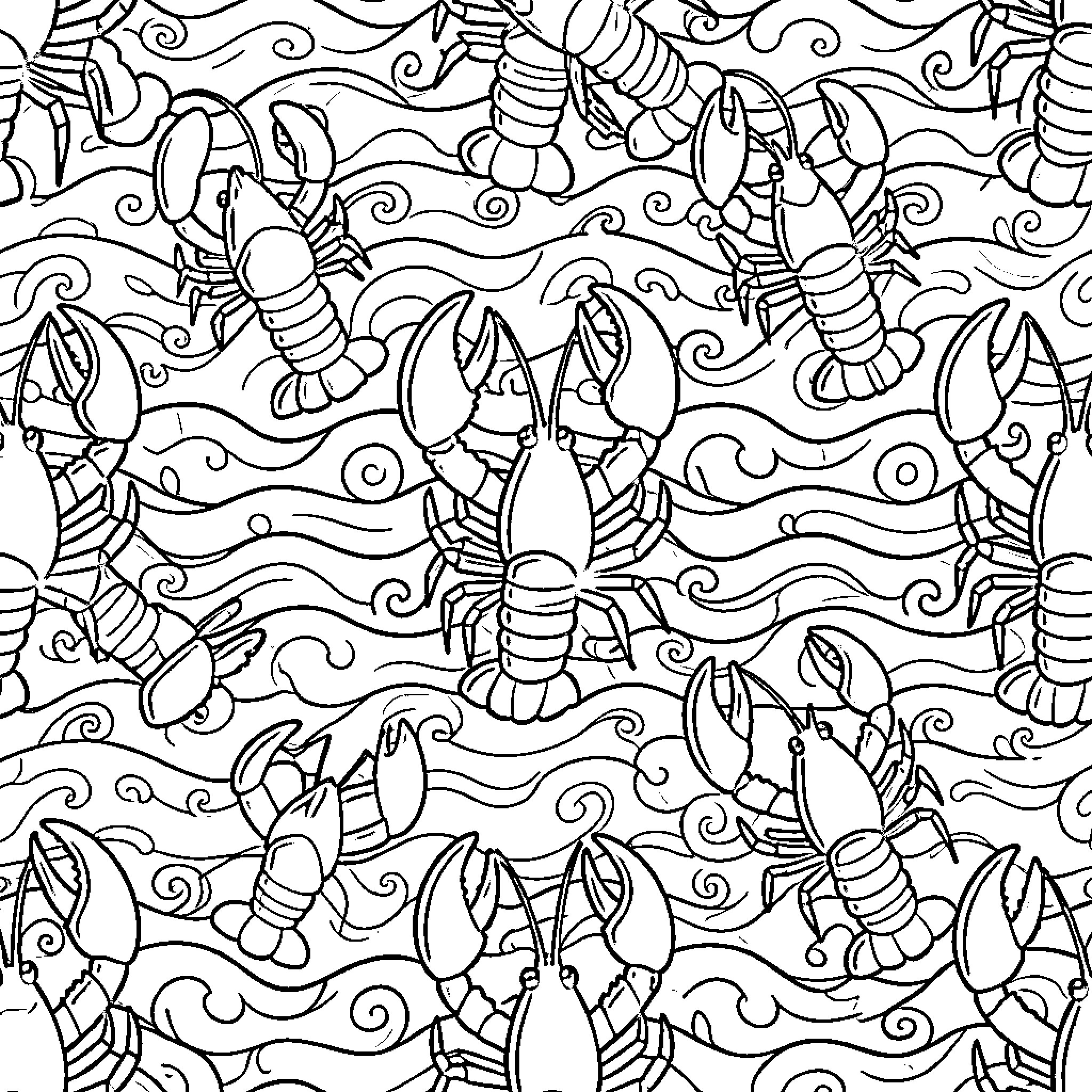 Lobster Swimming in Swirling Waves Coloring Page (free black-and-white line drawing printable PDF for all, from beginners to advanced learners, including children, teens, adults, and seniors)