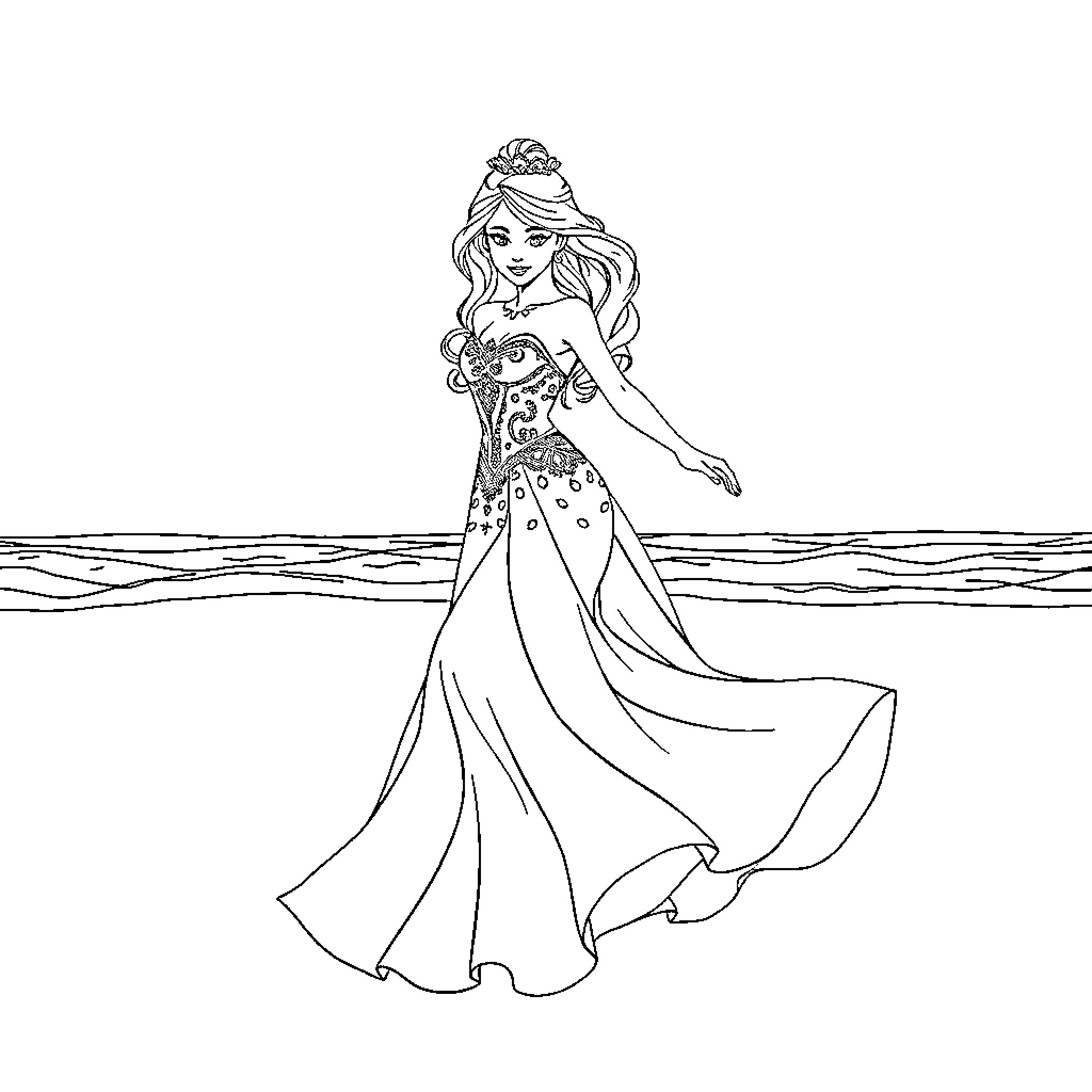 Princess in a flowing dress by the sea Coloring Page (free black-and-white line drawing printable PDF for all, from beginners to advanced learners, including children, teens, adults, and seniors)